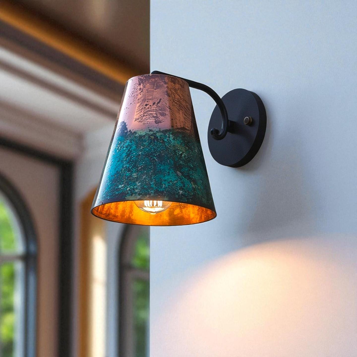 Patina copper wall sconce light – flared conical copper shade – artisan indoor outdoor rustic modern wall lamp fixture