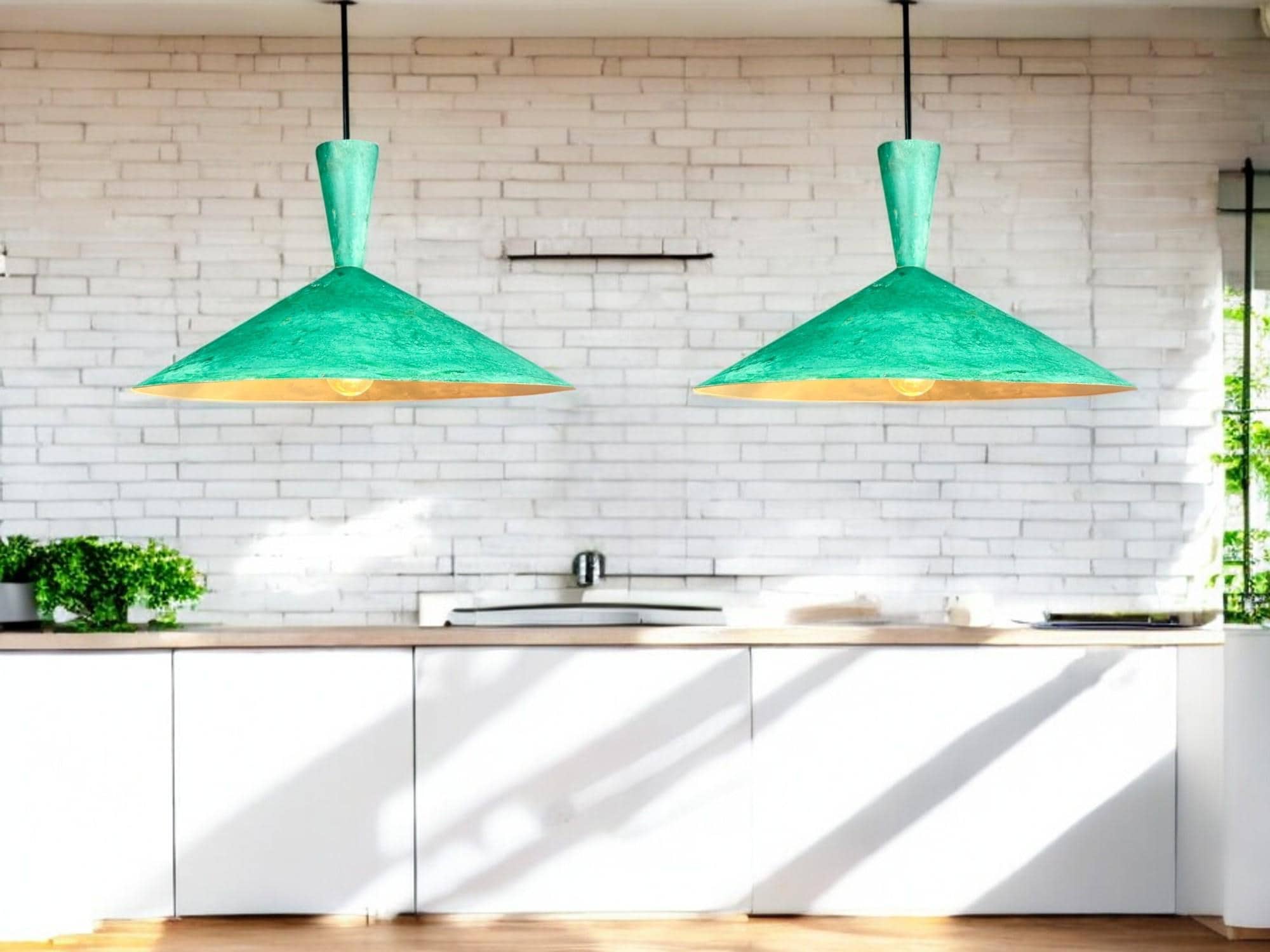 set of 2 Brass Pendant Light, Mint Green Modern Lamp, Nordic Ceiling Light, Industrial Kitchen Light Fixture