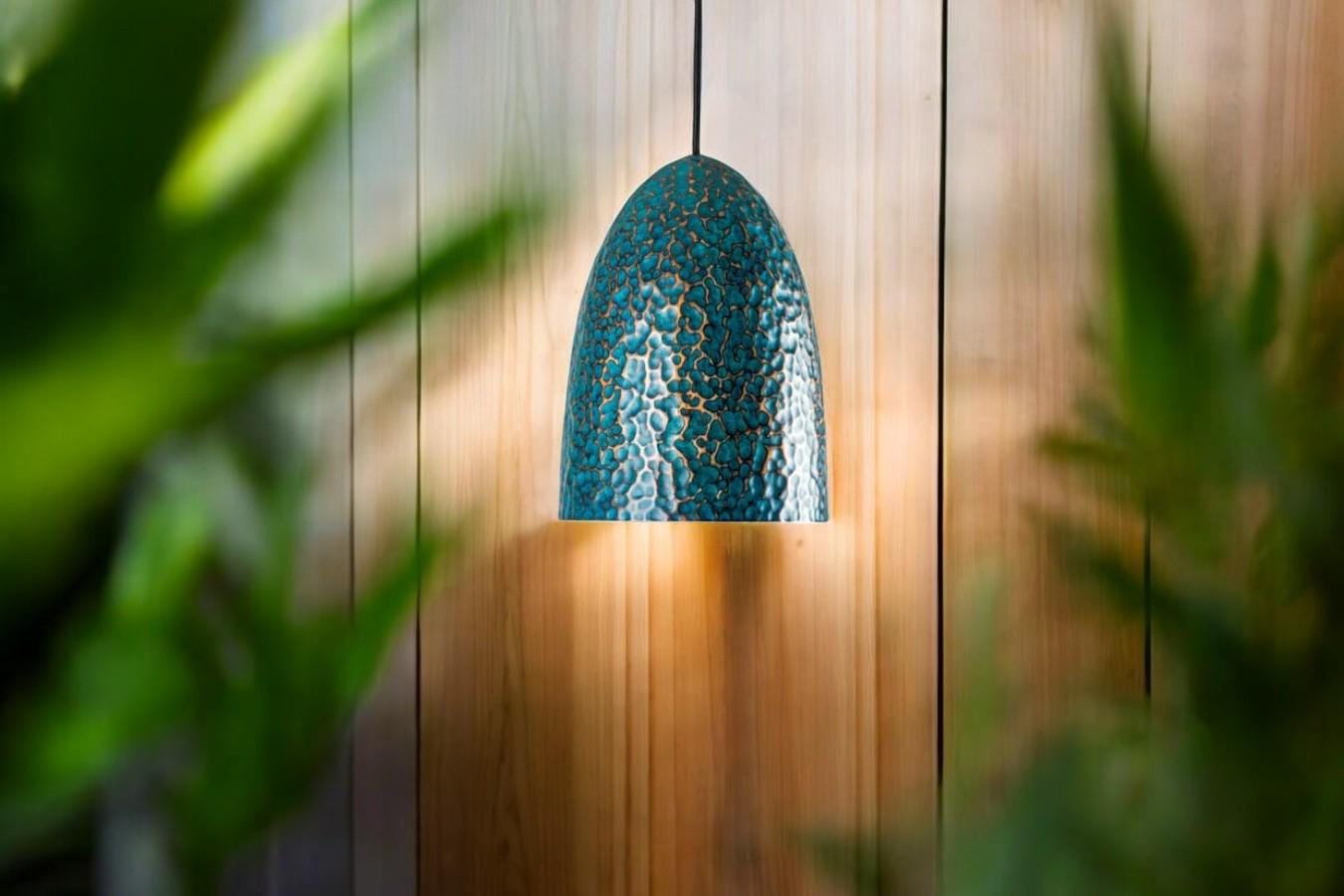 Oxidized Copper Pendant Light - Hammered Brass Handmade Verdigris Bell Lamp -Rustic Patina Hanging Light-Vintage Industrial Kitchen Lighting