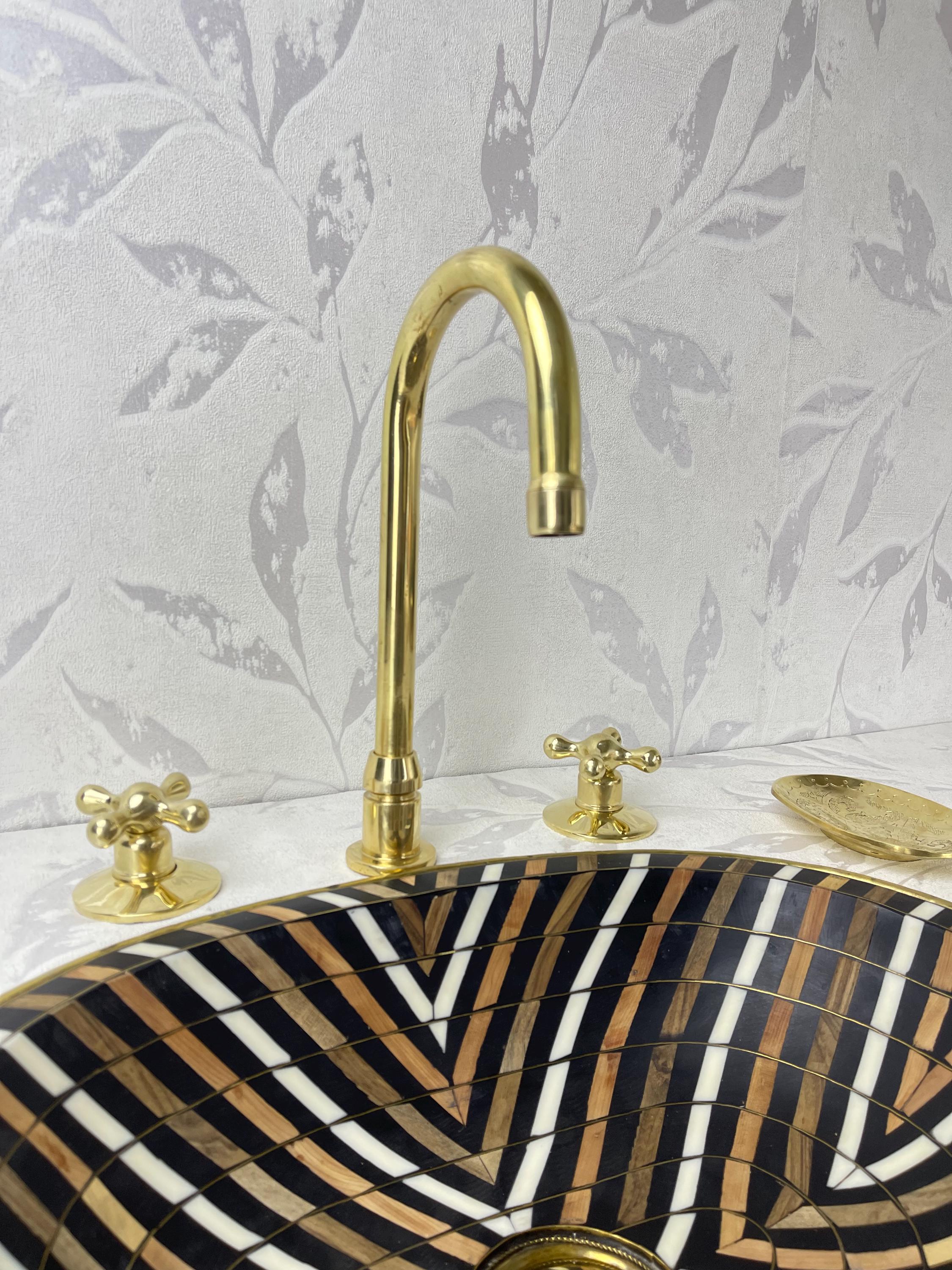 Unlacquered Brass Faucet and sink Studded With Resin and wood ,art Shape Brass Drop-in Sink Brass Bathroom Faucet, free pop up included.