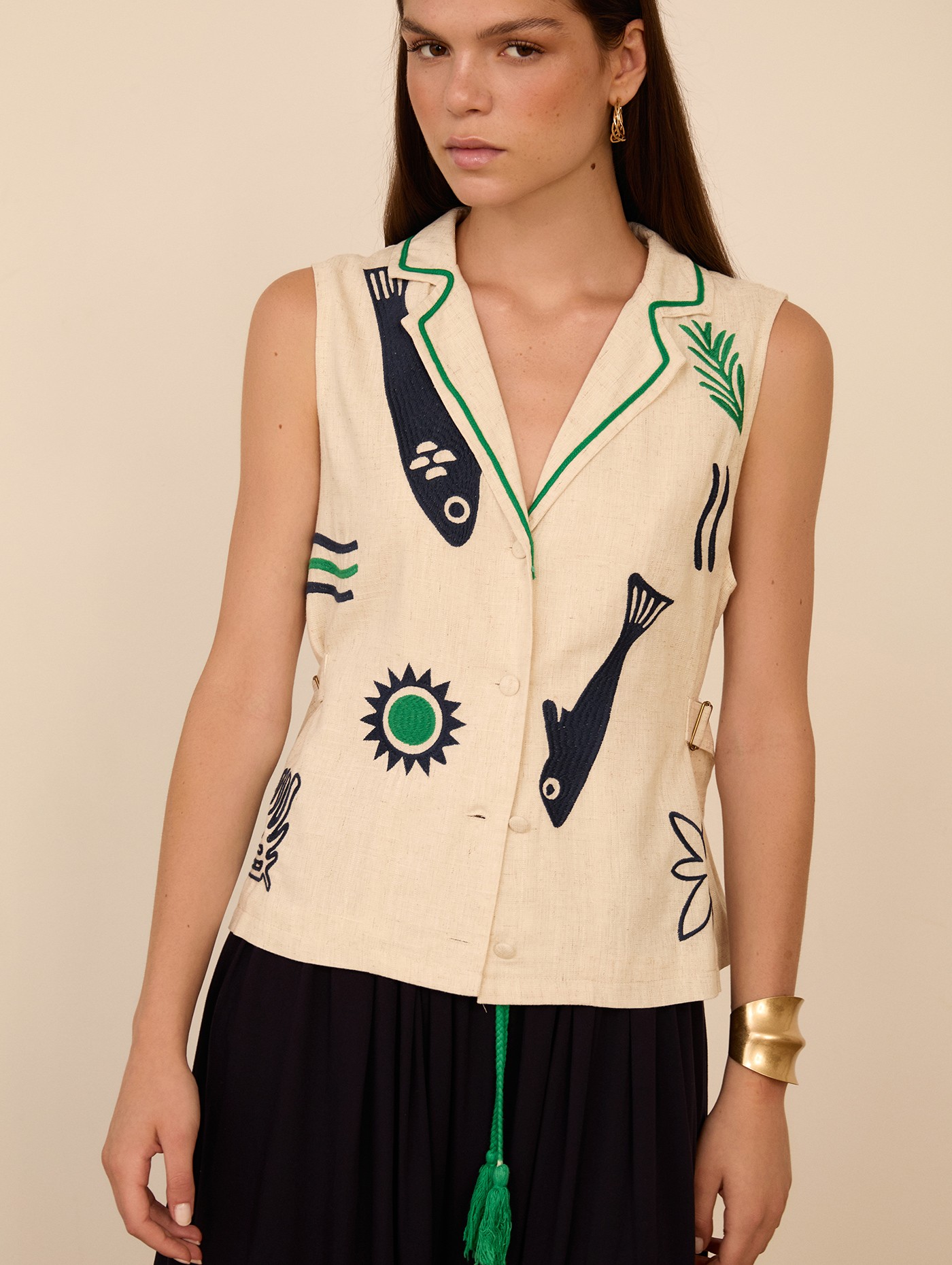 Chaleco lino estampado peces