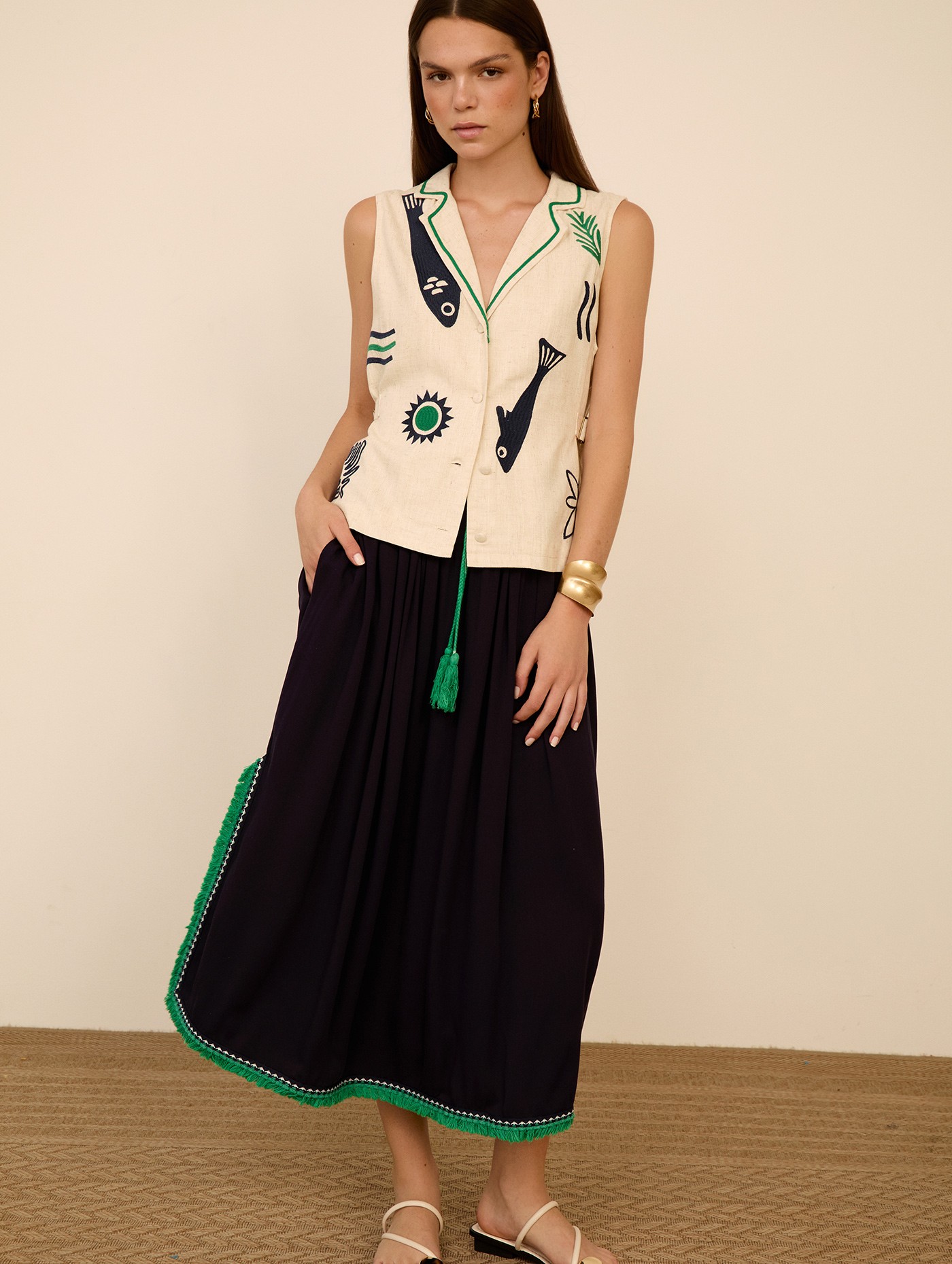 Falda midi flecos 