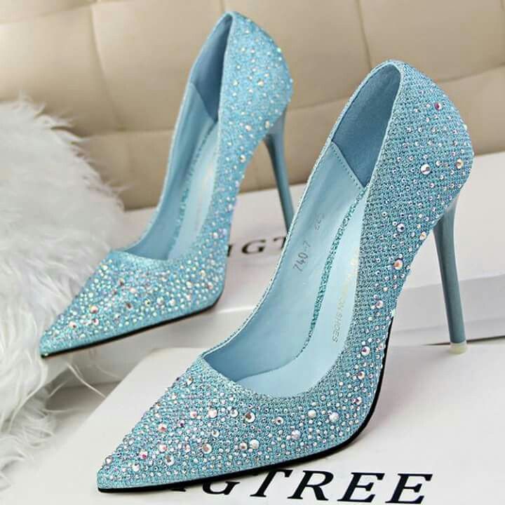 Blue Rhinestone High-Heel Shoes