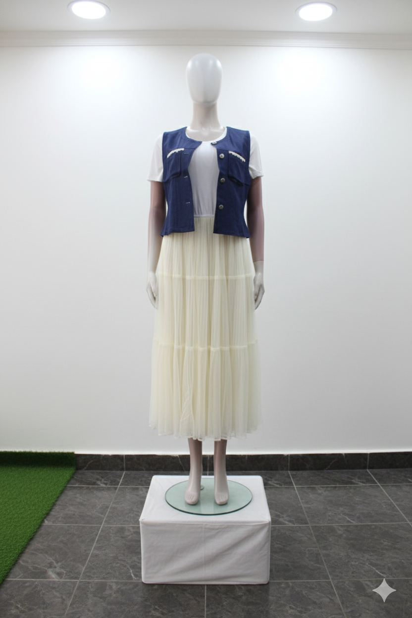 Robe longue blanche avec veste en jean