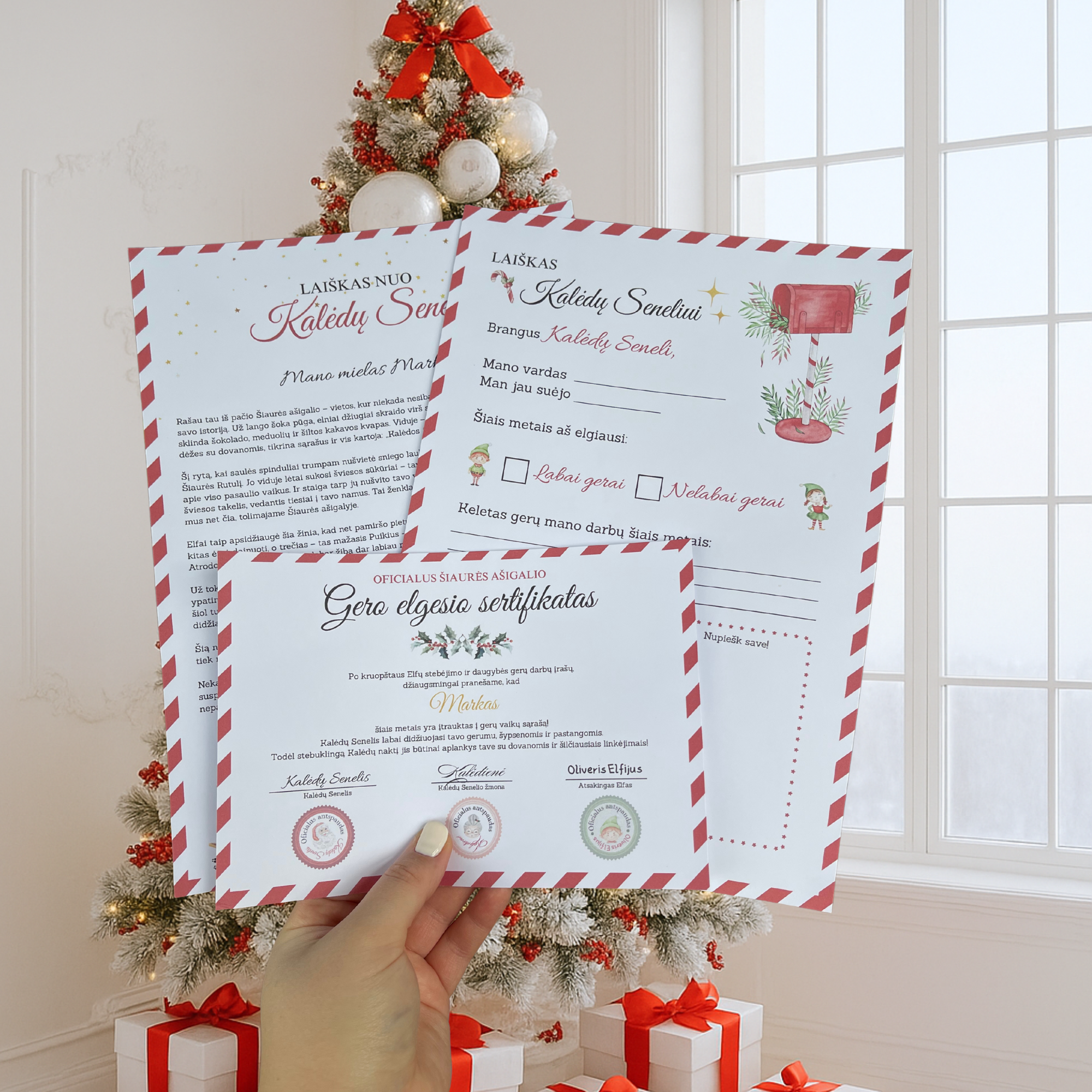Kalėdų Senelio laiškas voke su dovanėle vaikui