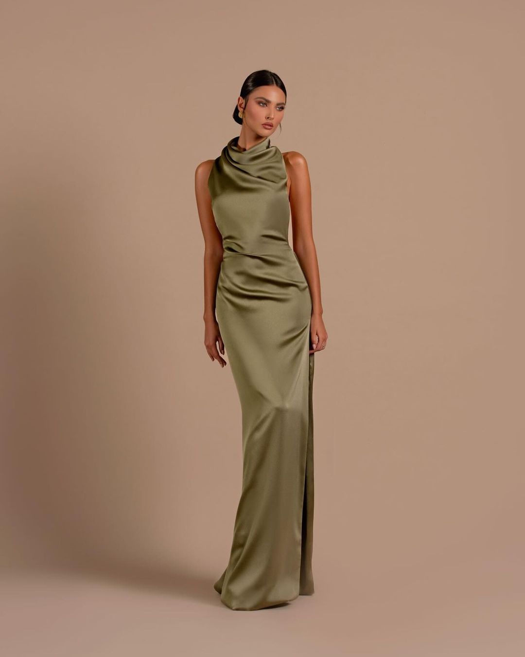 Olive Green Satin Evening Gown