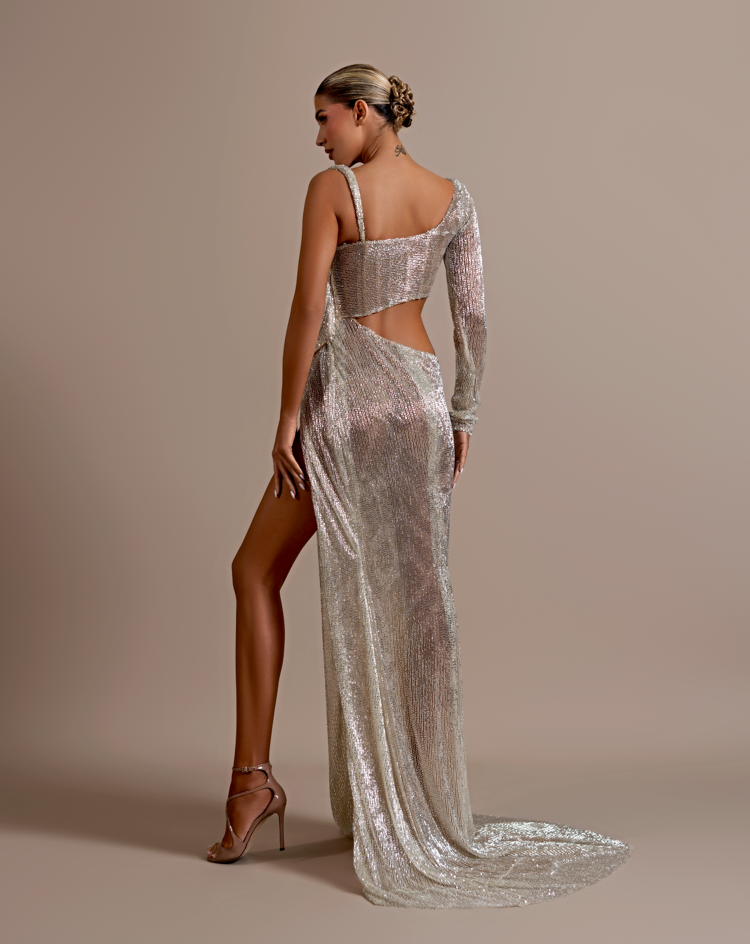 Elegant Asymmetric Metallic Evening Dress
