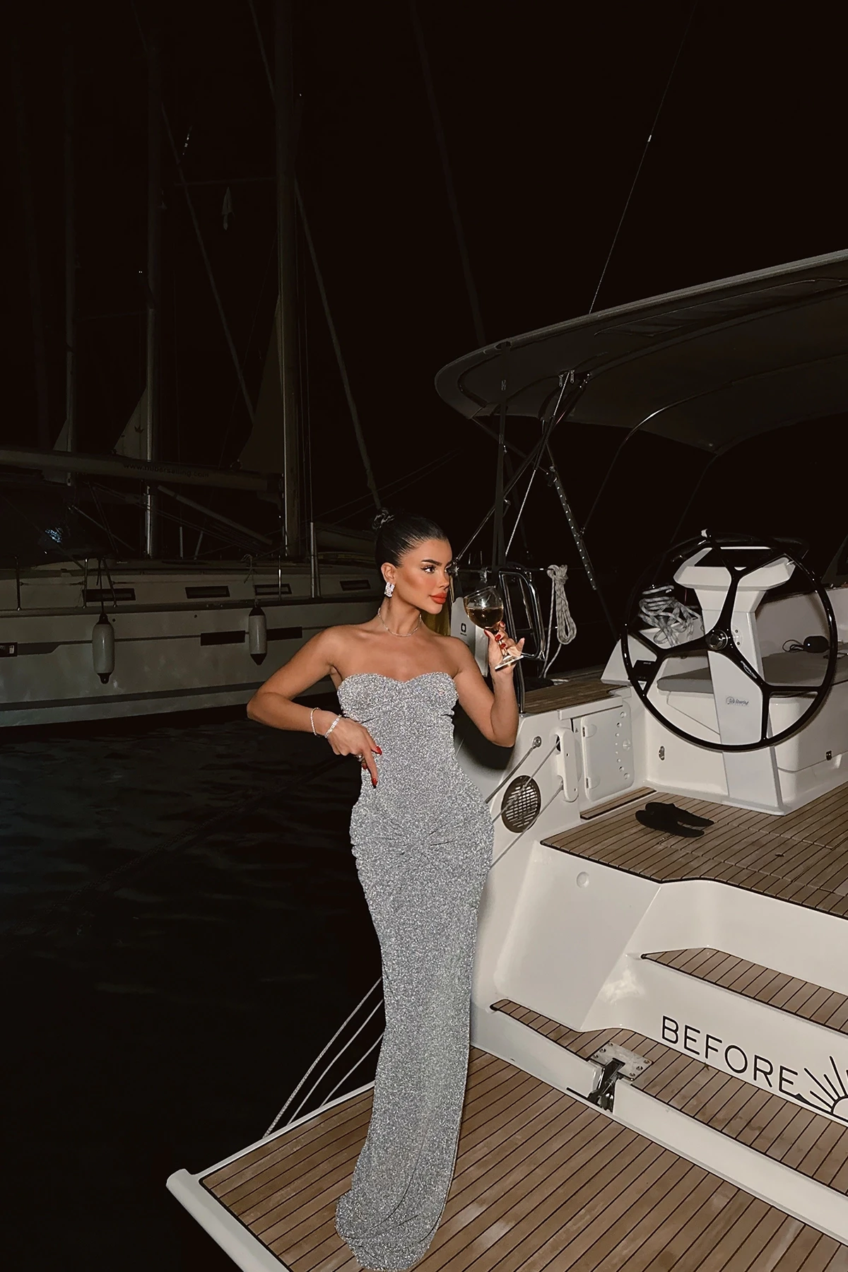 Elegant Silver Strapless Evening Gown