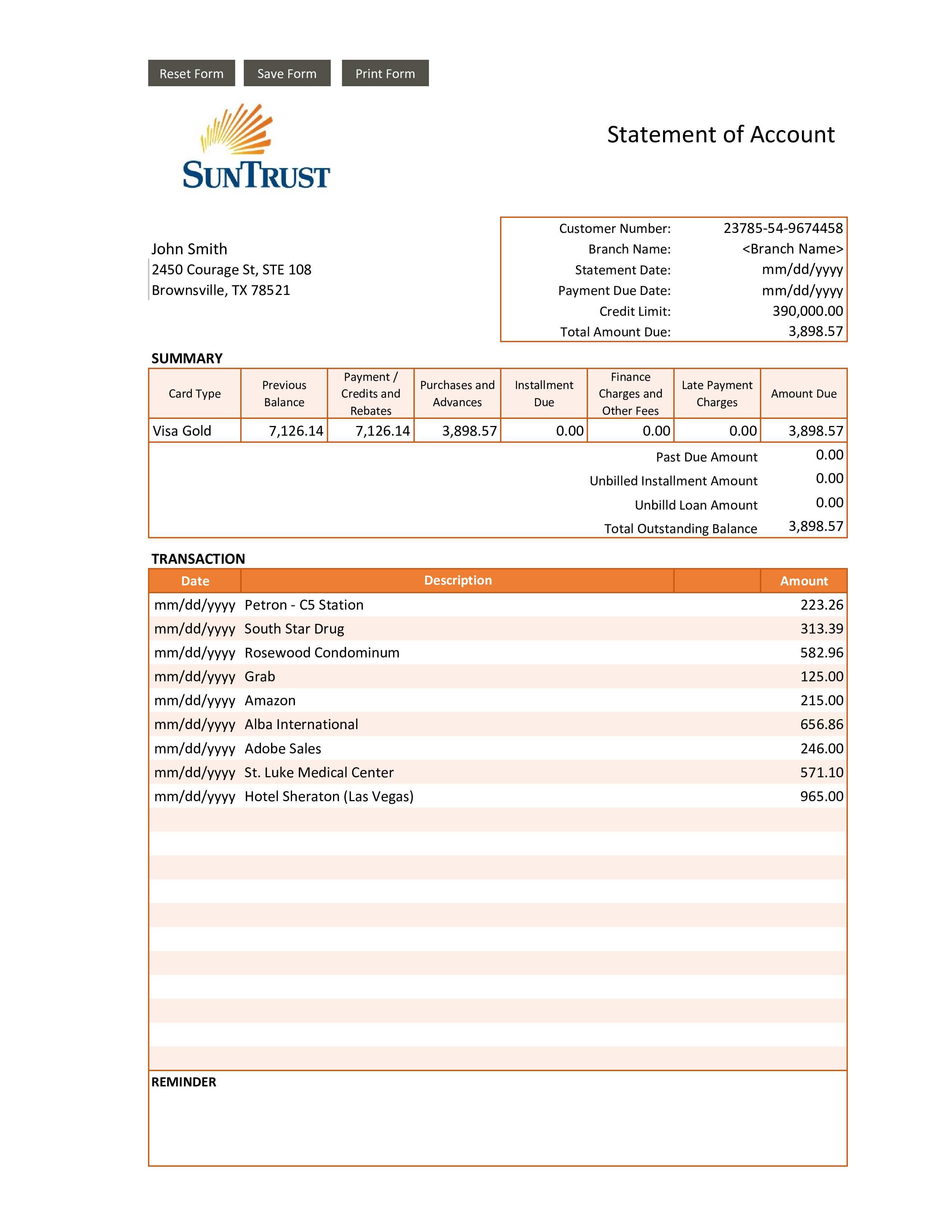 Sun Trust Bank Statement 