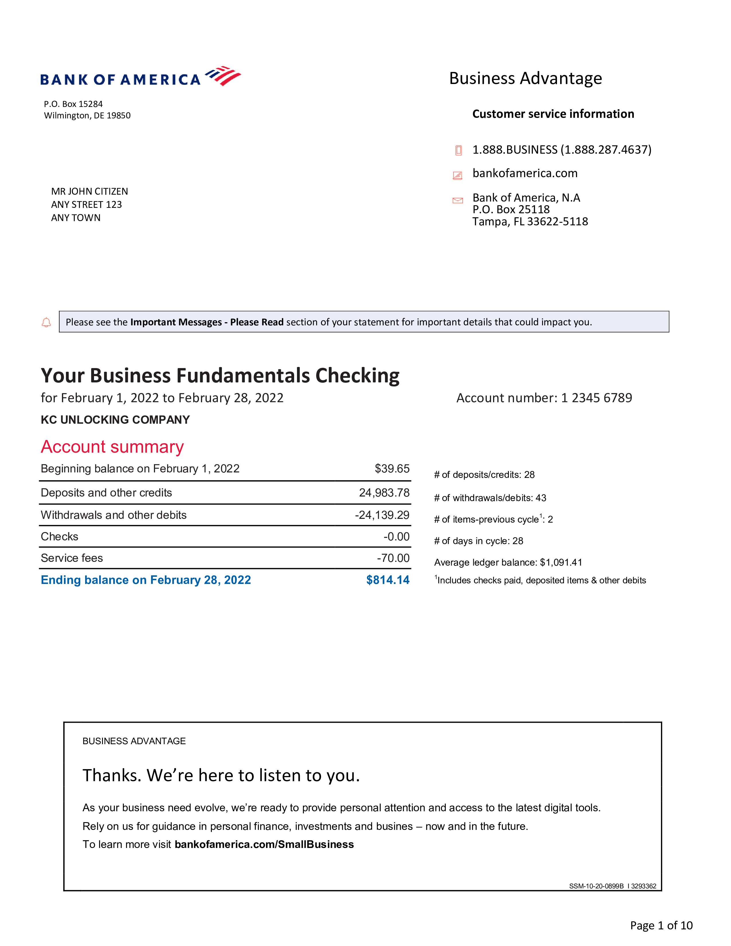 BANK OF AMERICA ACCOUNT TEMPLATE 