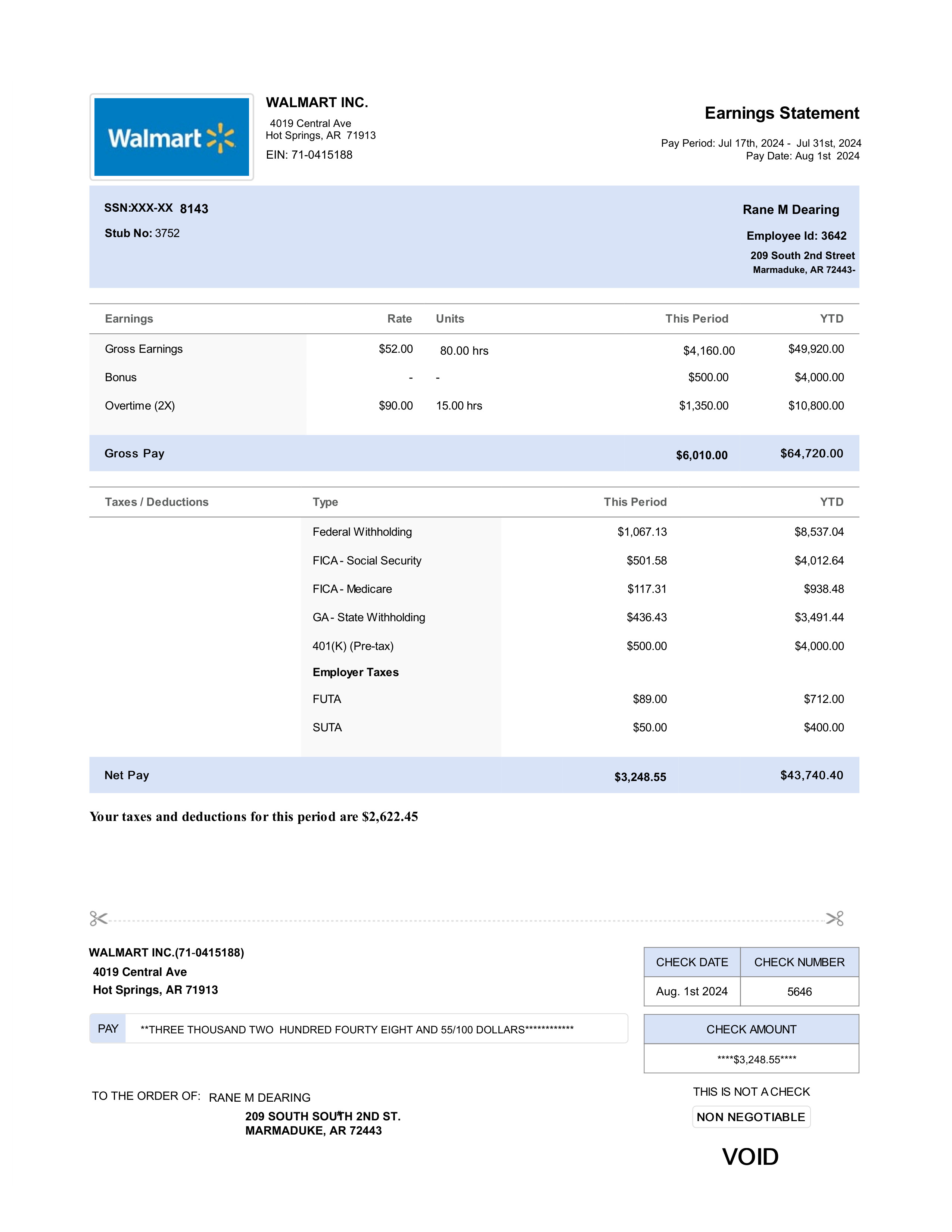 Walmart Employee Pay Stub PDF