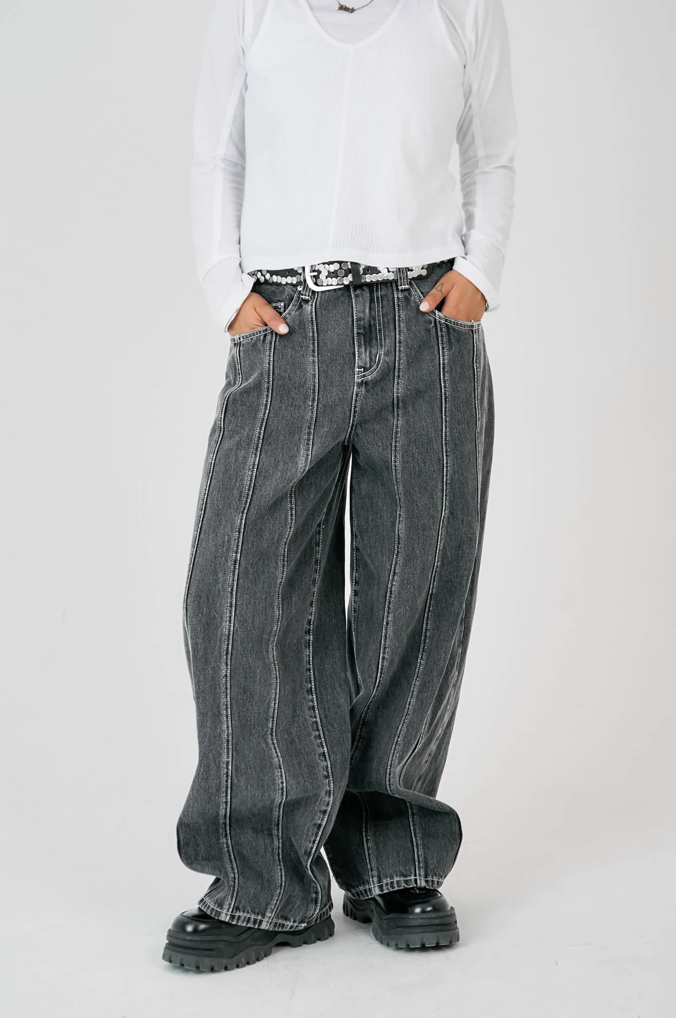 Grey Rinse Panel Seam Jeans