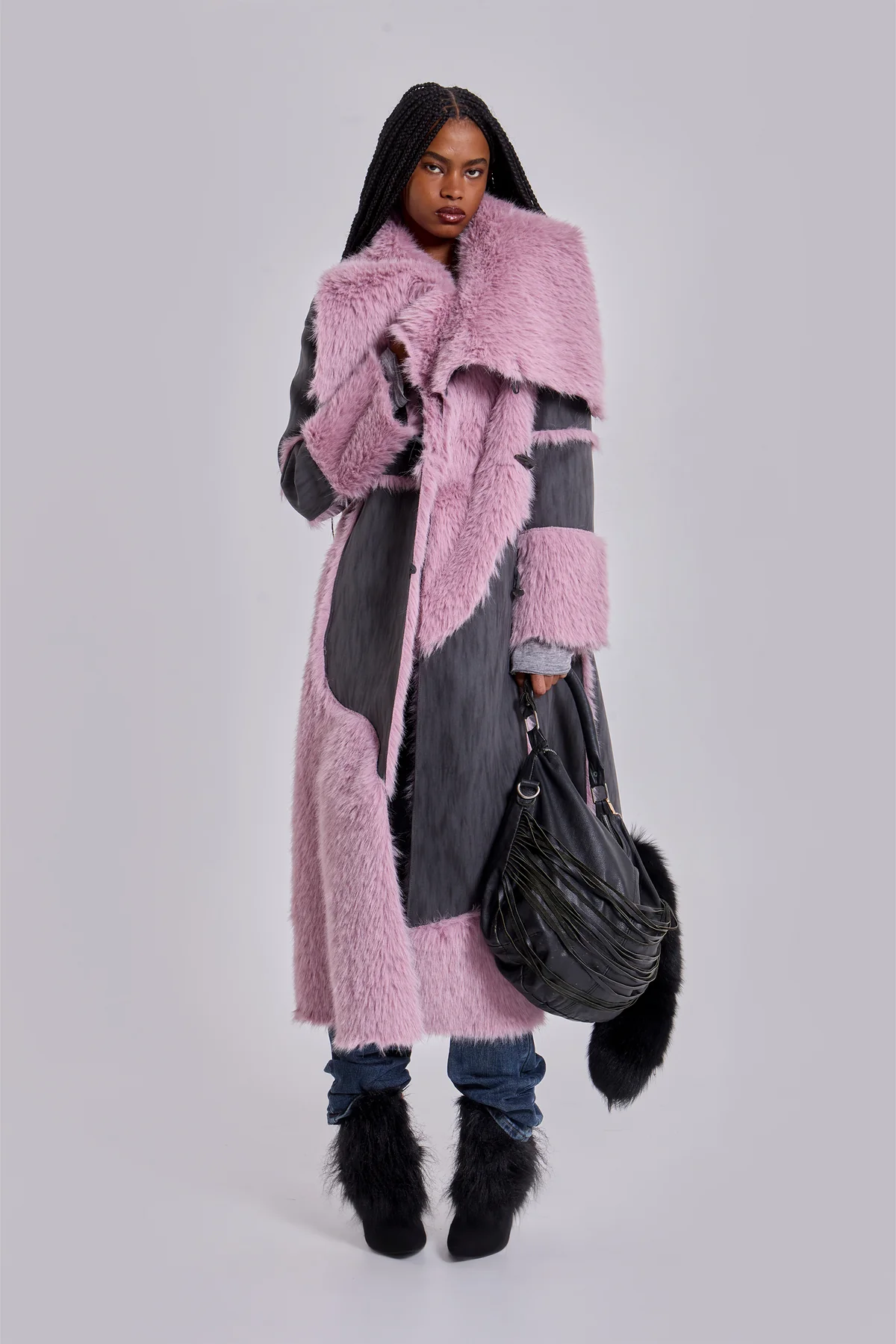 Alise Patchwork Faux Suede and Fur Maxi Coat