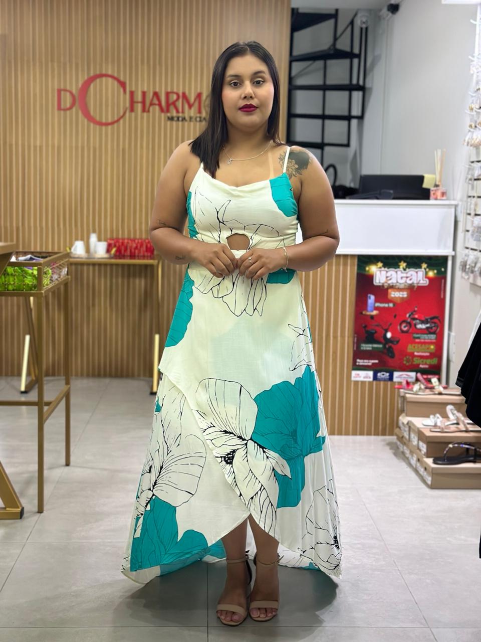 Vestido estampado azul e branco