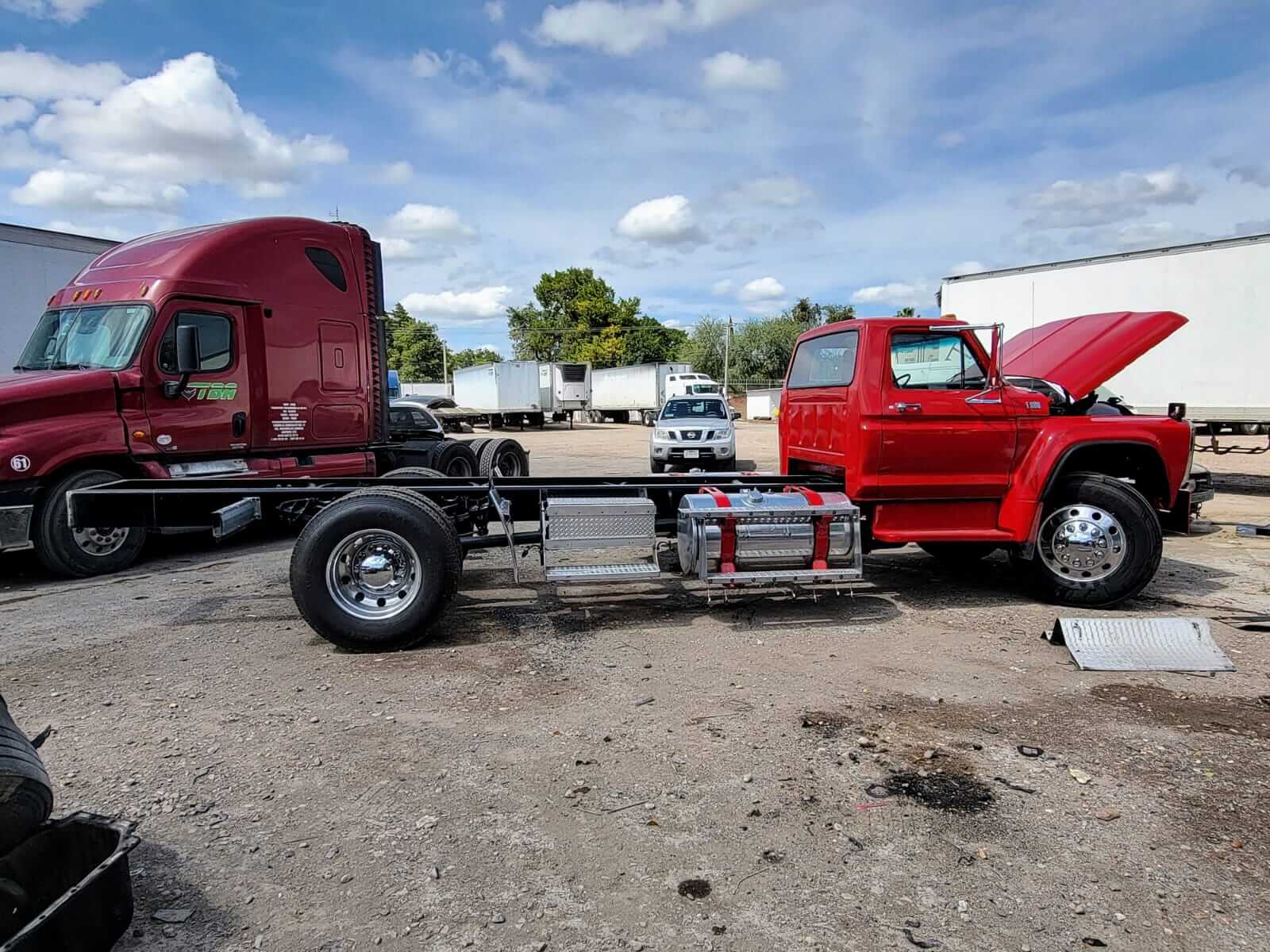 Heavy-duty red truck chassis
