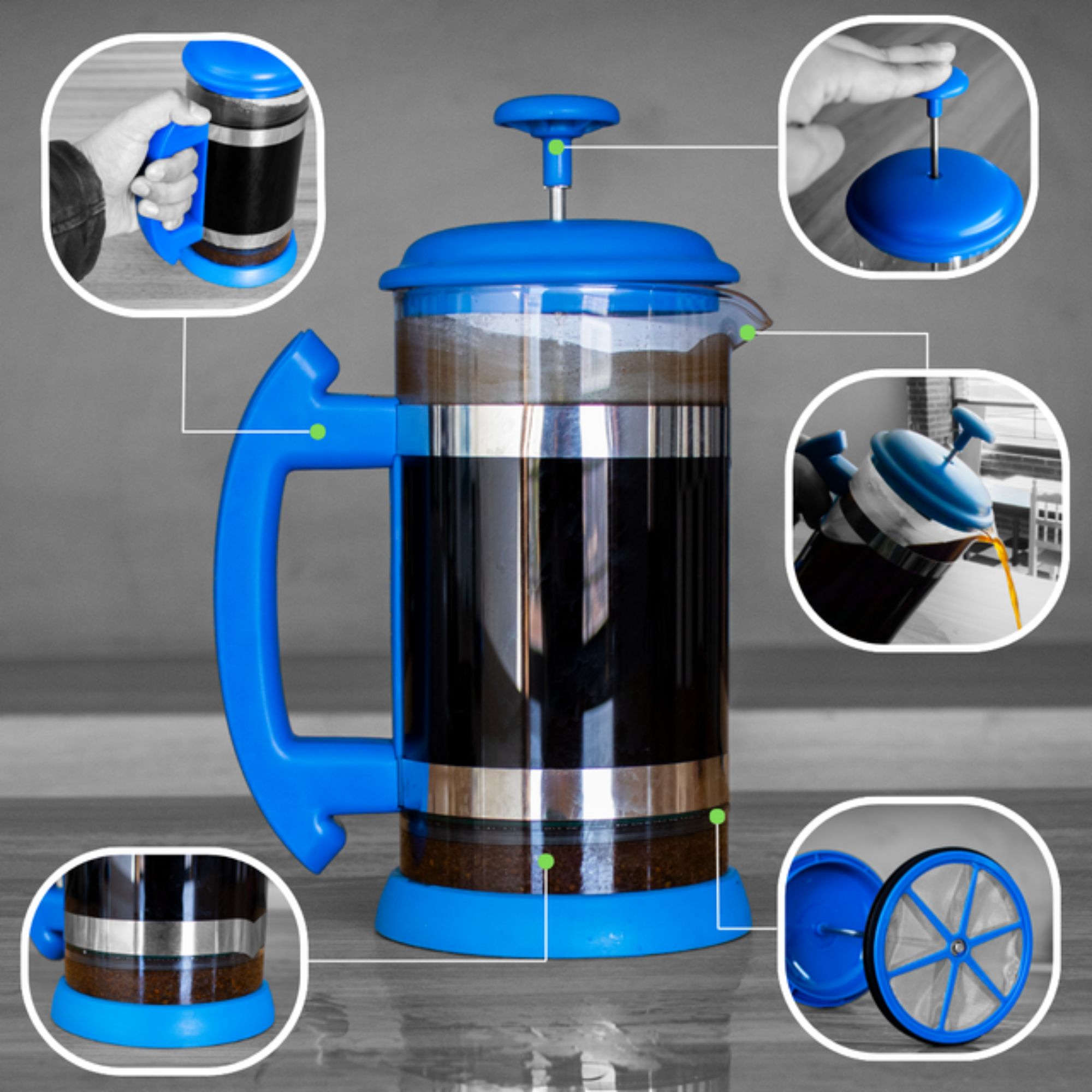 Prensa Francesa BLUE 1 litro con filtro de silicon