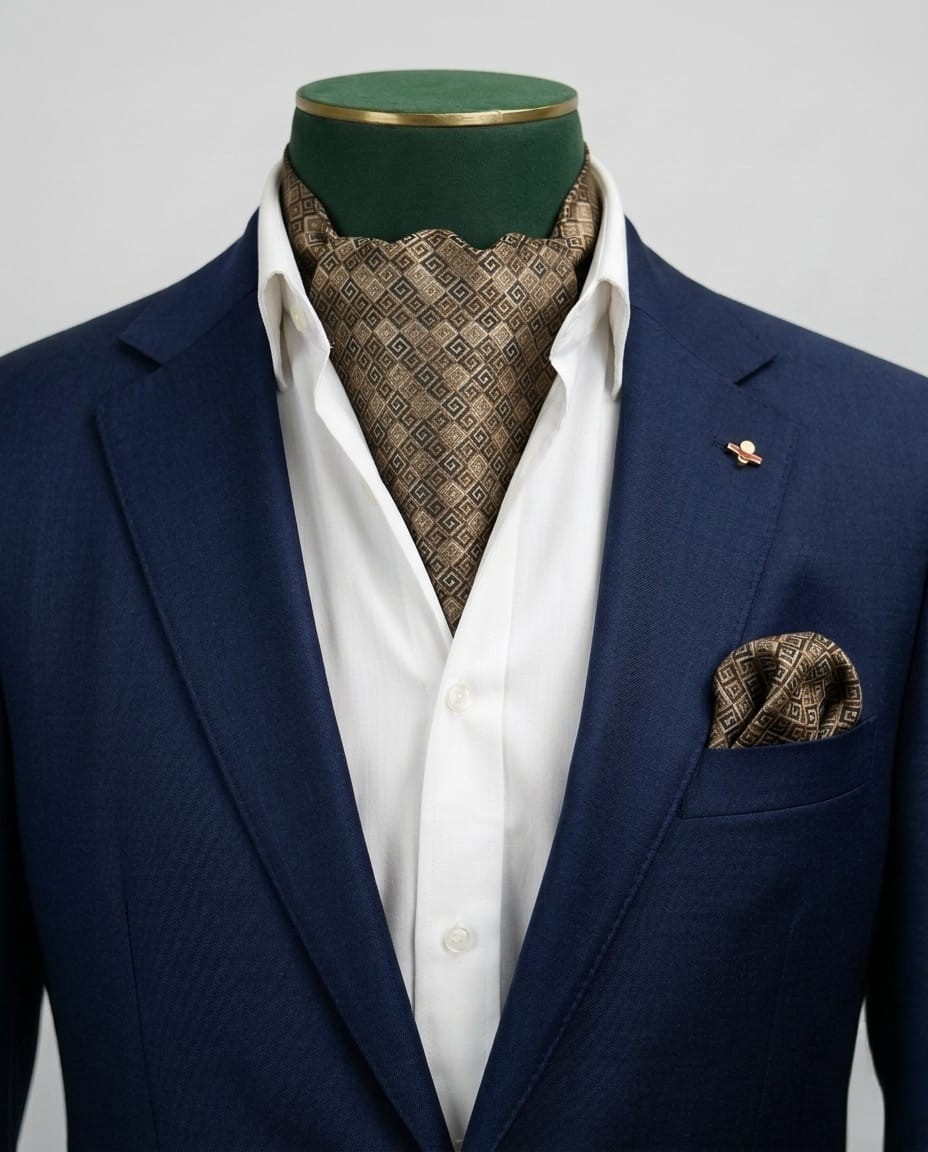 Bronze & Gold Jacquard Silk Cravat and Pocket Square Set