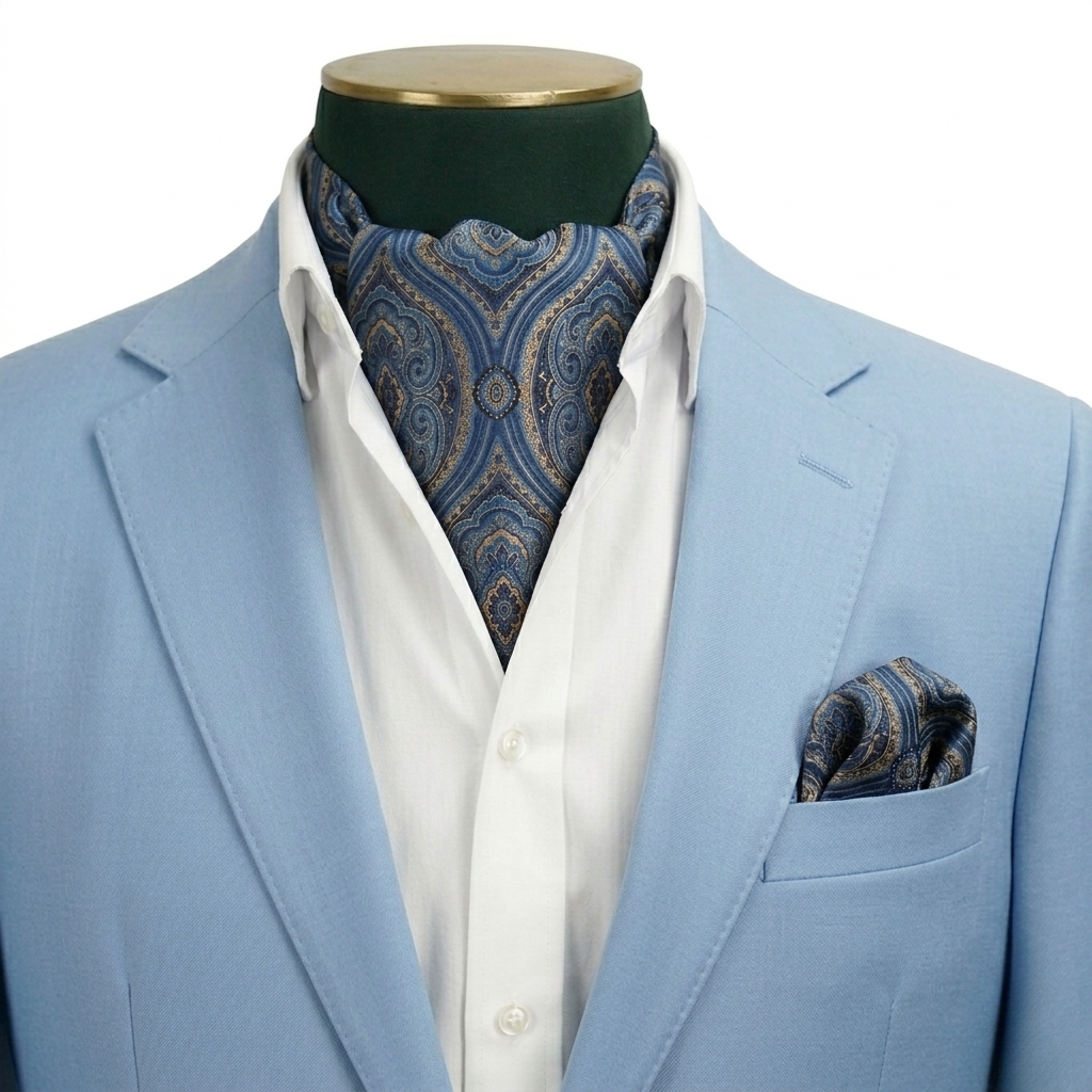 Blue & Gold Jacquard Silk Cravat and Pocket Square Set