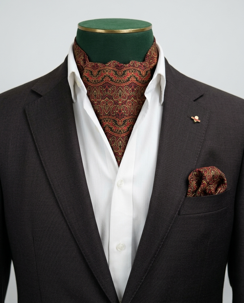 Burgundy & Gold Jacquard Silk Cravat and Pocket Square Set