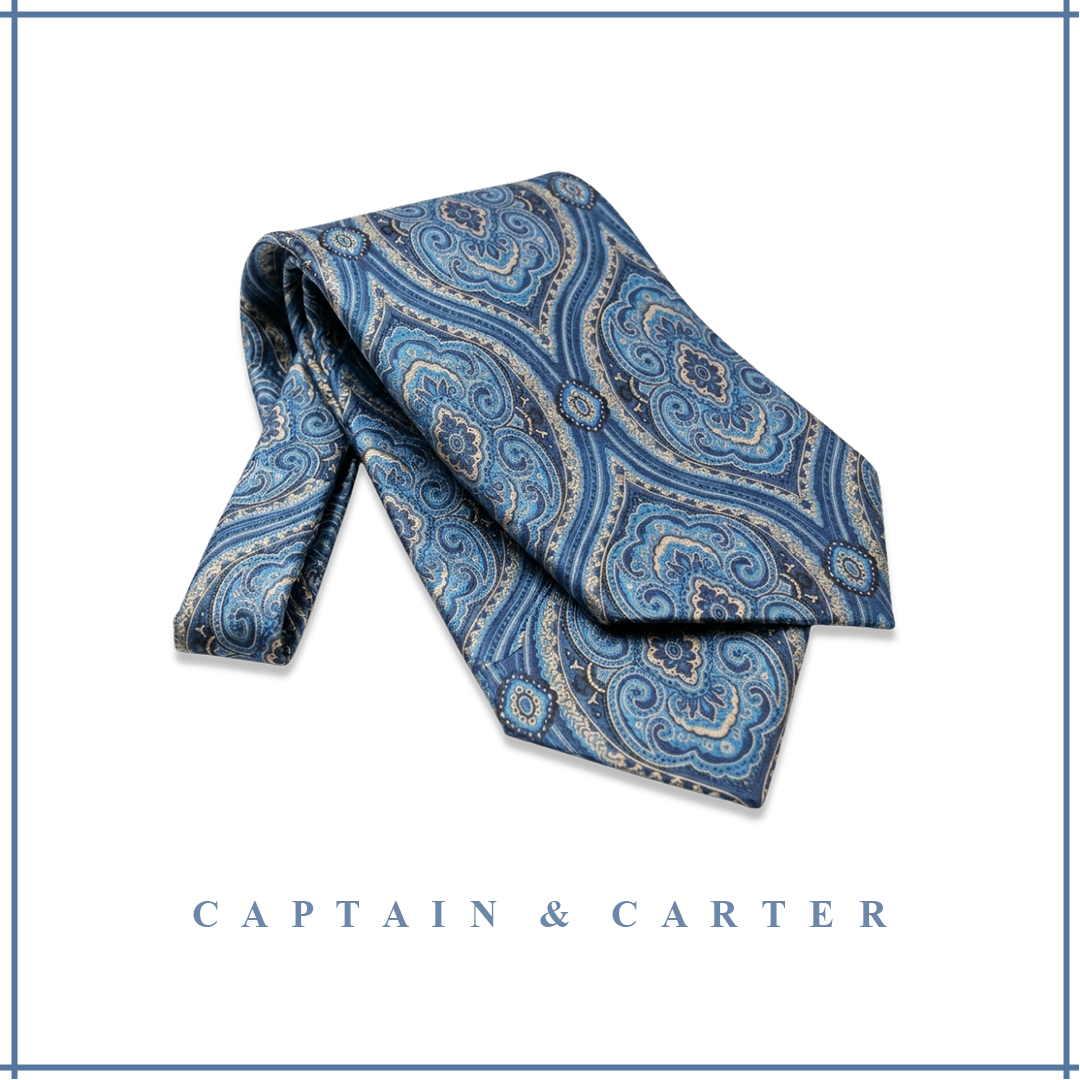 Blue & Gold Jacquard Silk Cravat and Pocket Square Set