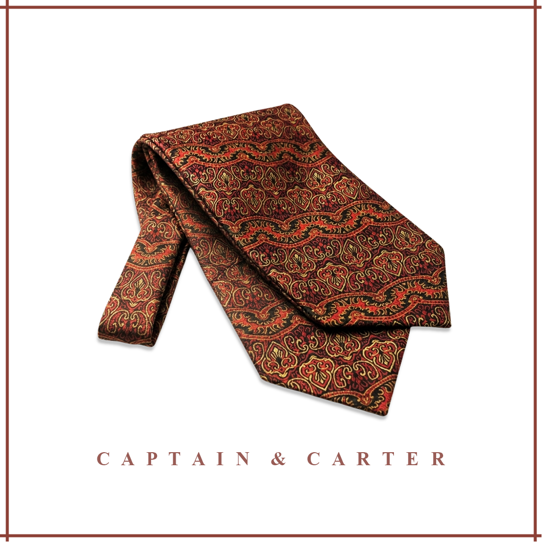 Burgundy & Gold Jacquard Silk Cravat and Pocket Square Set