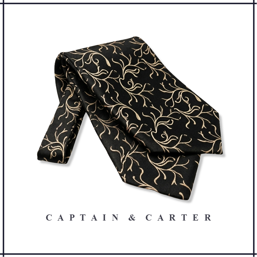 Black & Gold Jacquard Silk Cravat and Pocket Square Set