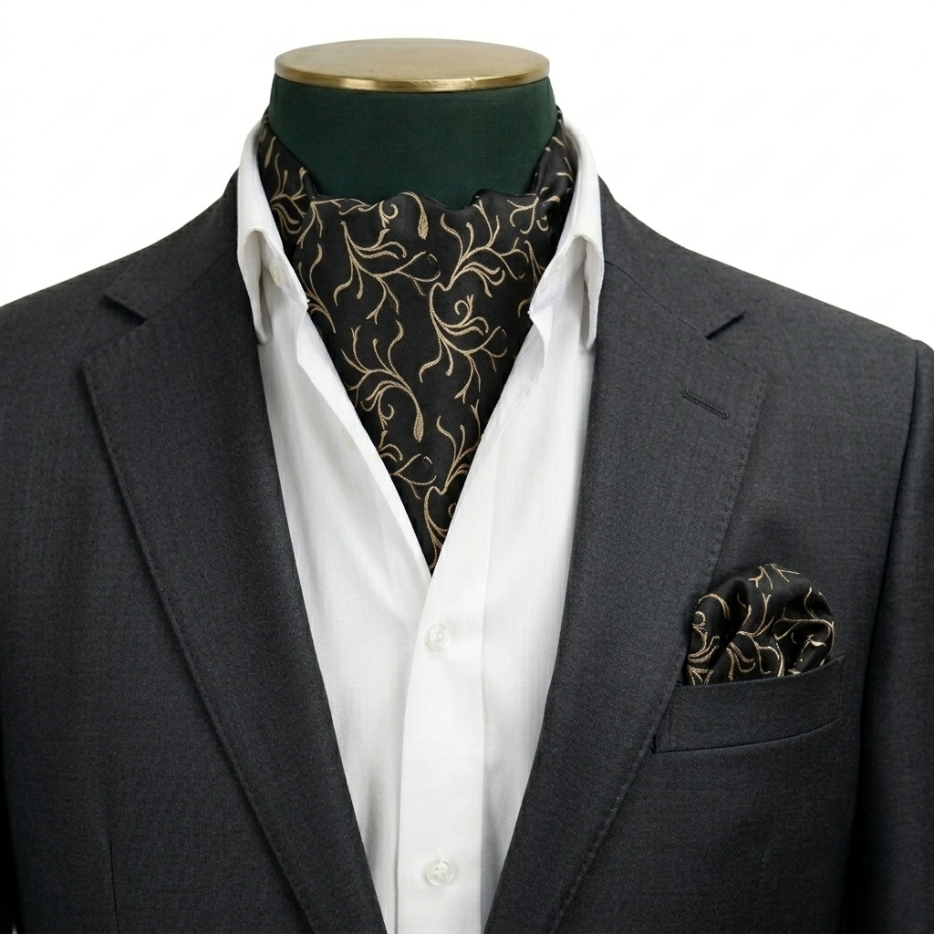Black & Gold Jacquard Silk Cravat and Pocket Square Set