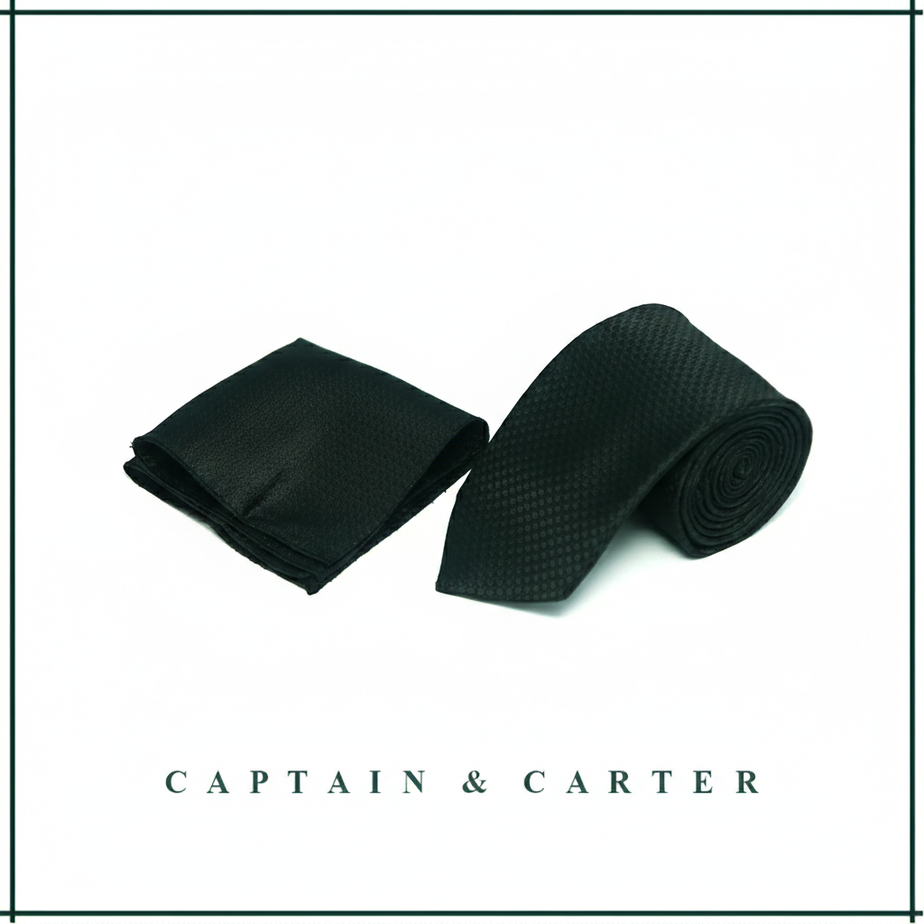 The Obsidian Eclipse: Textured Black Tie & Pocket Square Set
