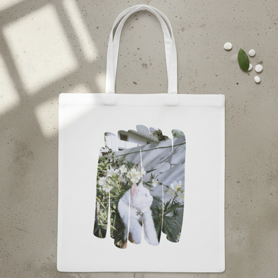 White Tote Bag with Cat Design
