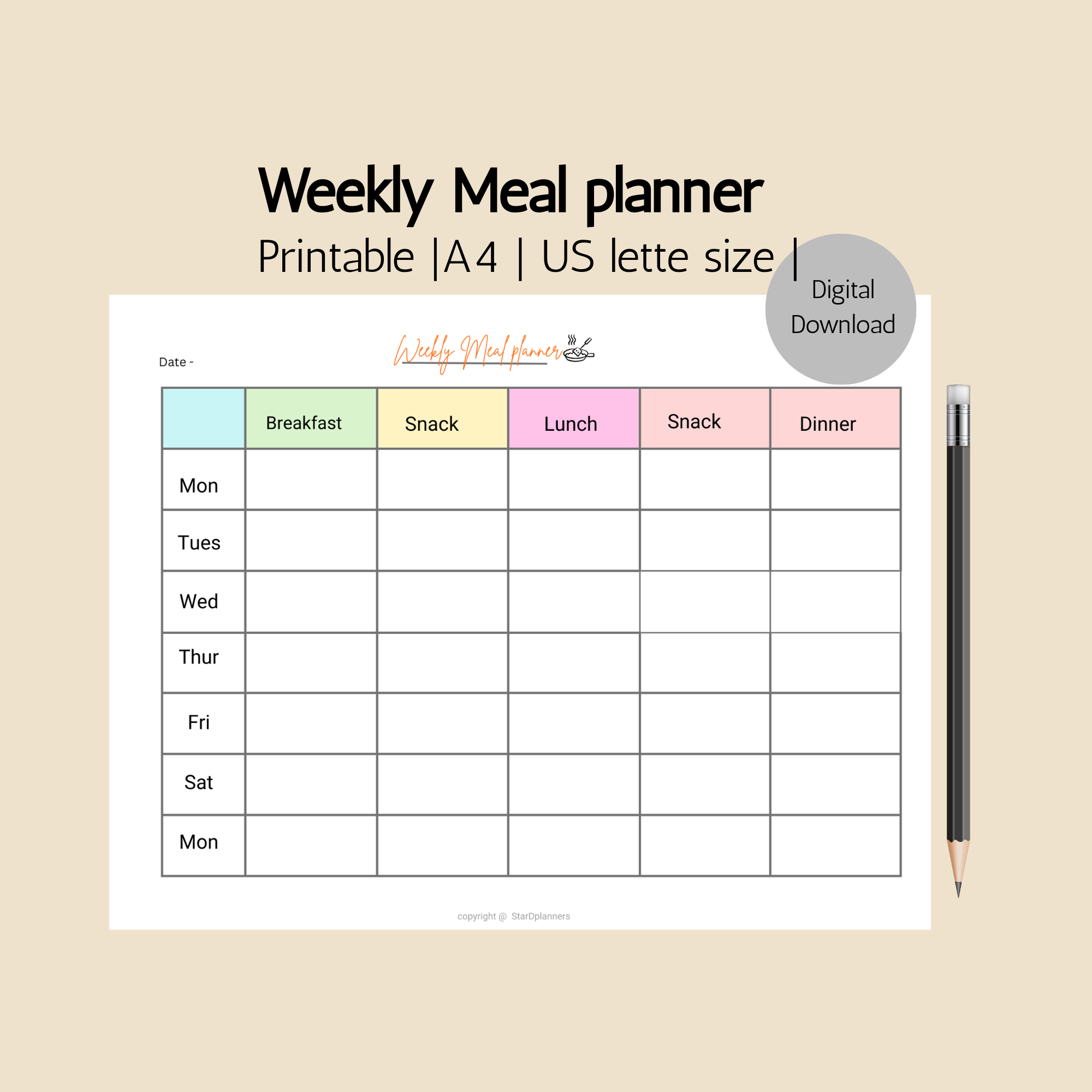 Weekly Meal planner pdf download | with Recipe organizer & grocery list | digital download 