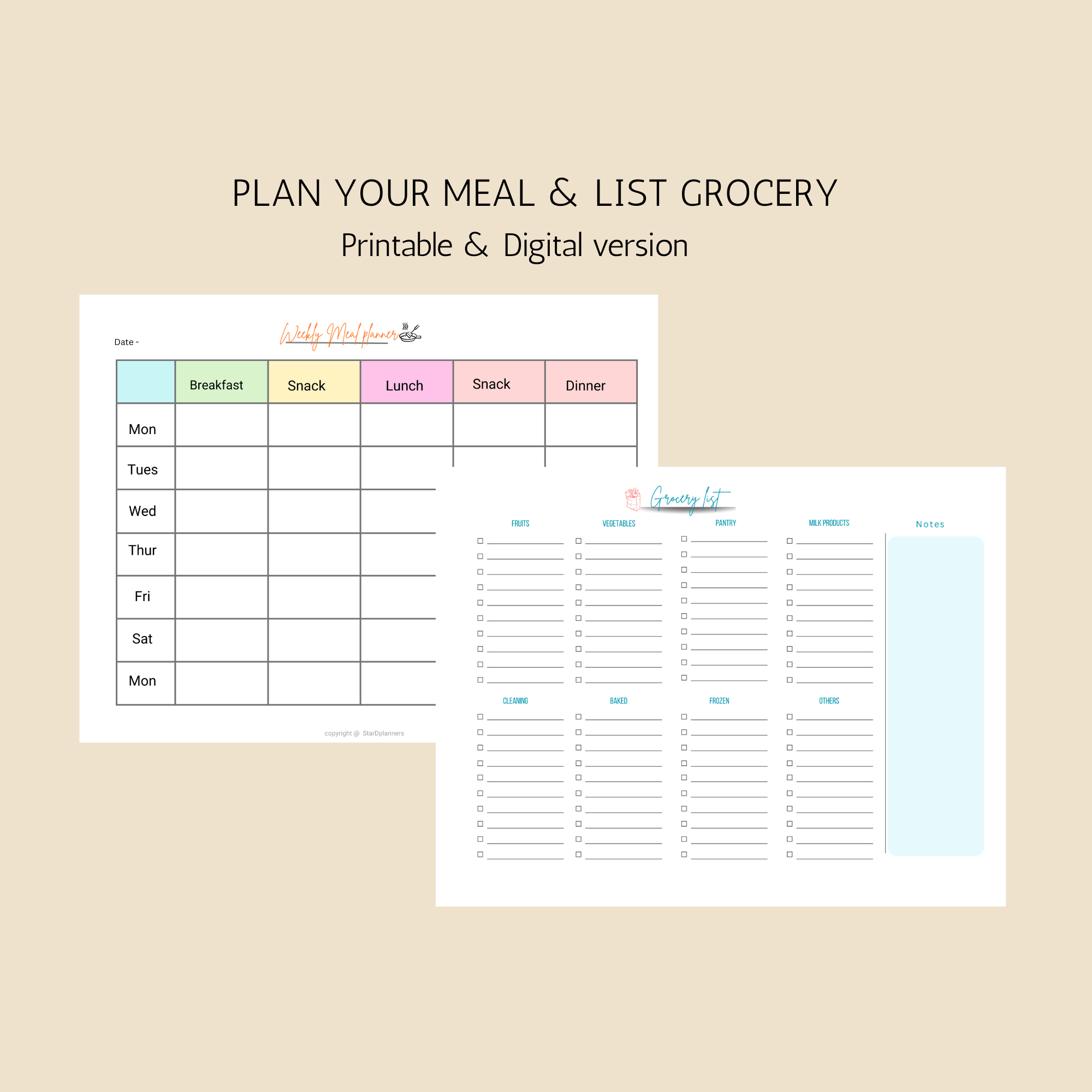 Weekly Meal planner pdf download | with Recipe organizer & grocery list | digital download 