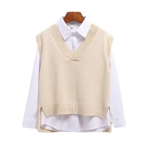 Beige knitted vest and white shirt set