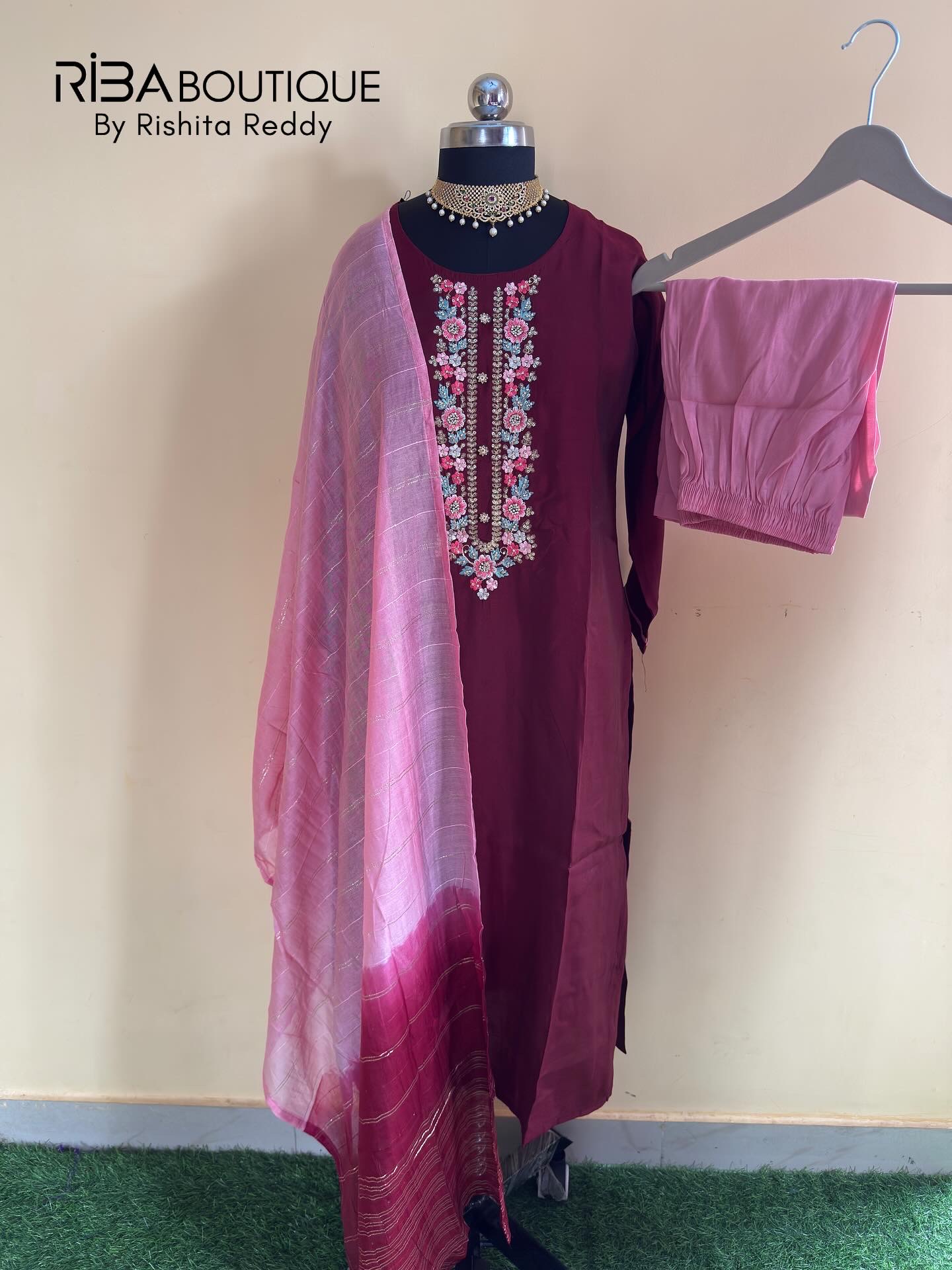 Maroon Embroidered Kurti Set