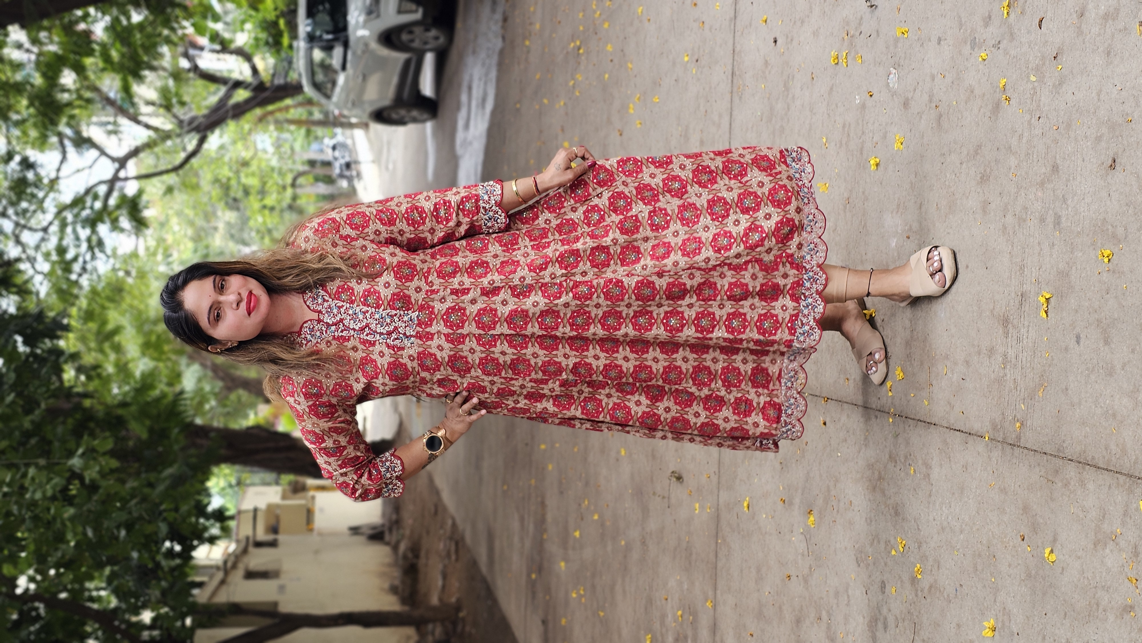 Red Floral Printed Cotton Kurti