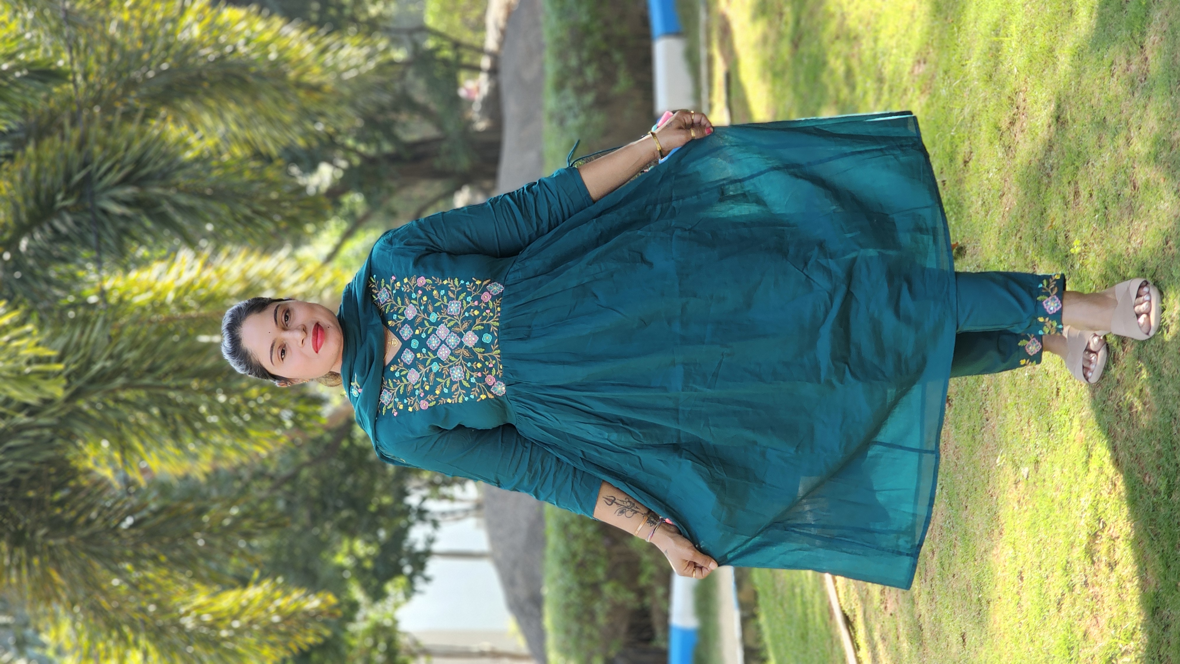 Embroidered Teal Mal Cotton Kurta Set