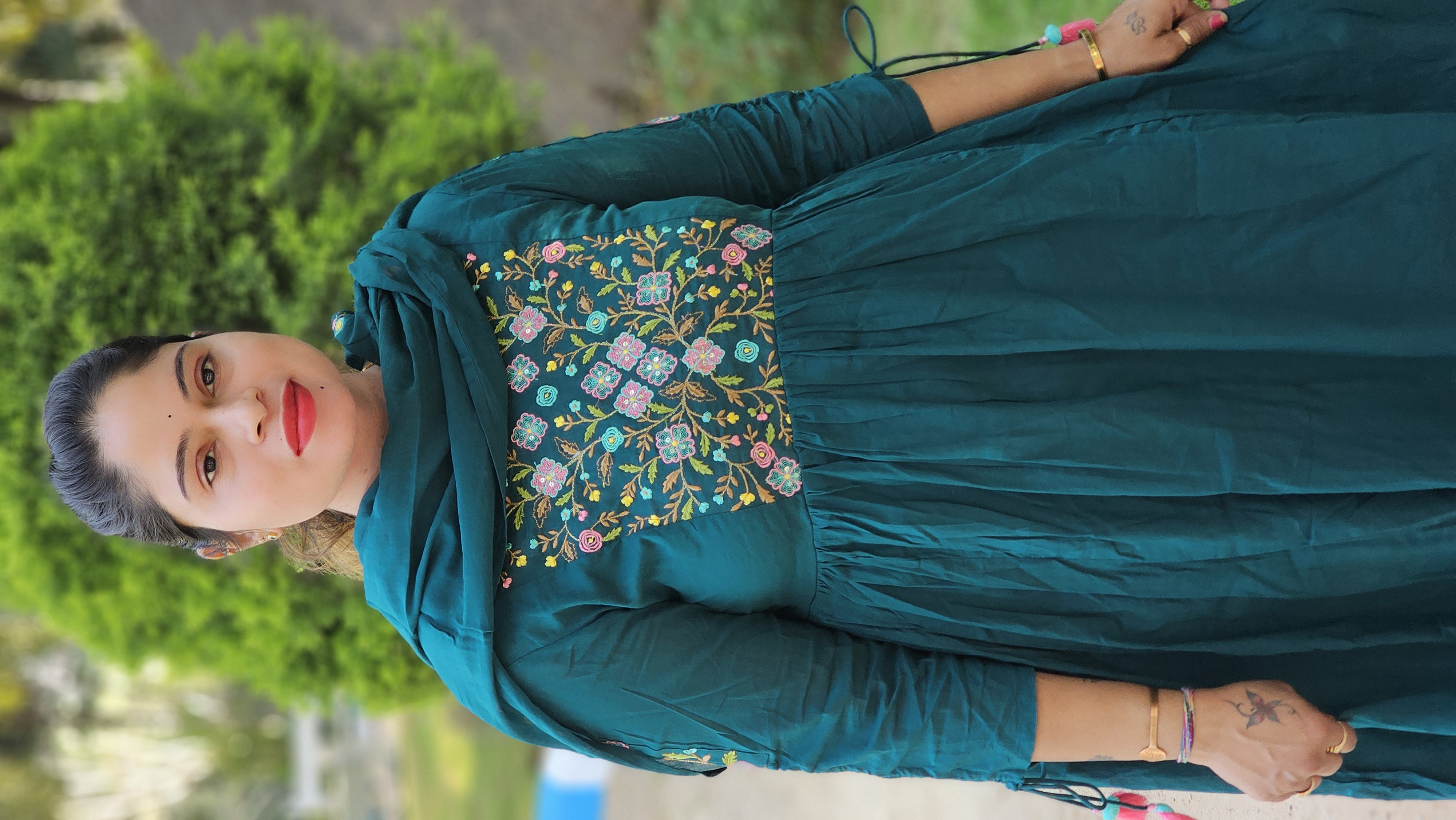 Embroidered Teal Mal Cotton Kurta Set
