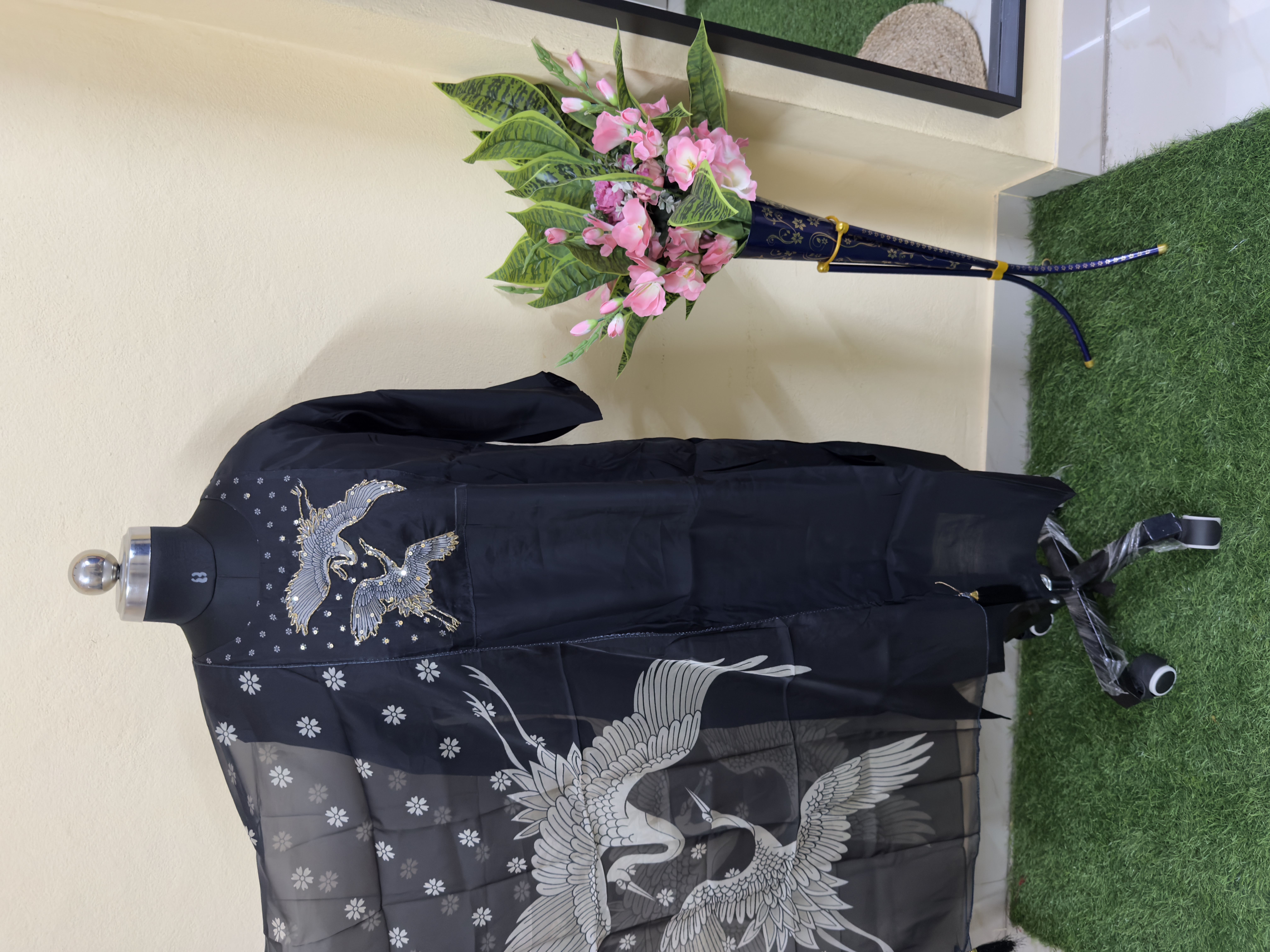 Elegant Black Crane Embroidered Kurta Set