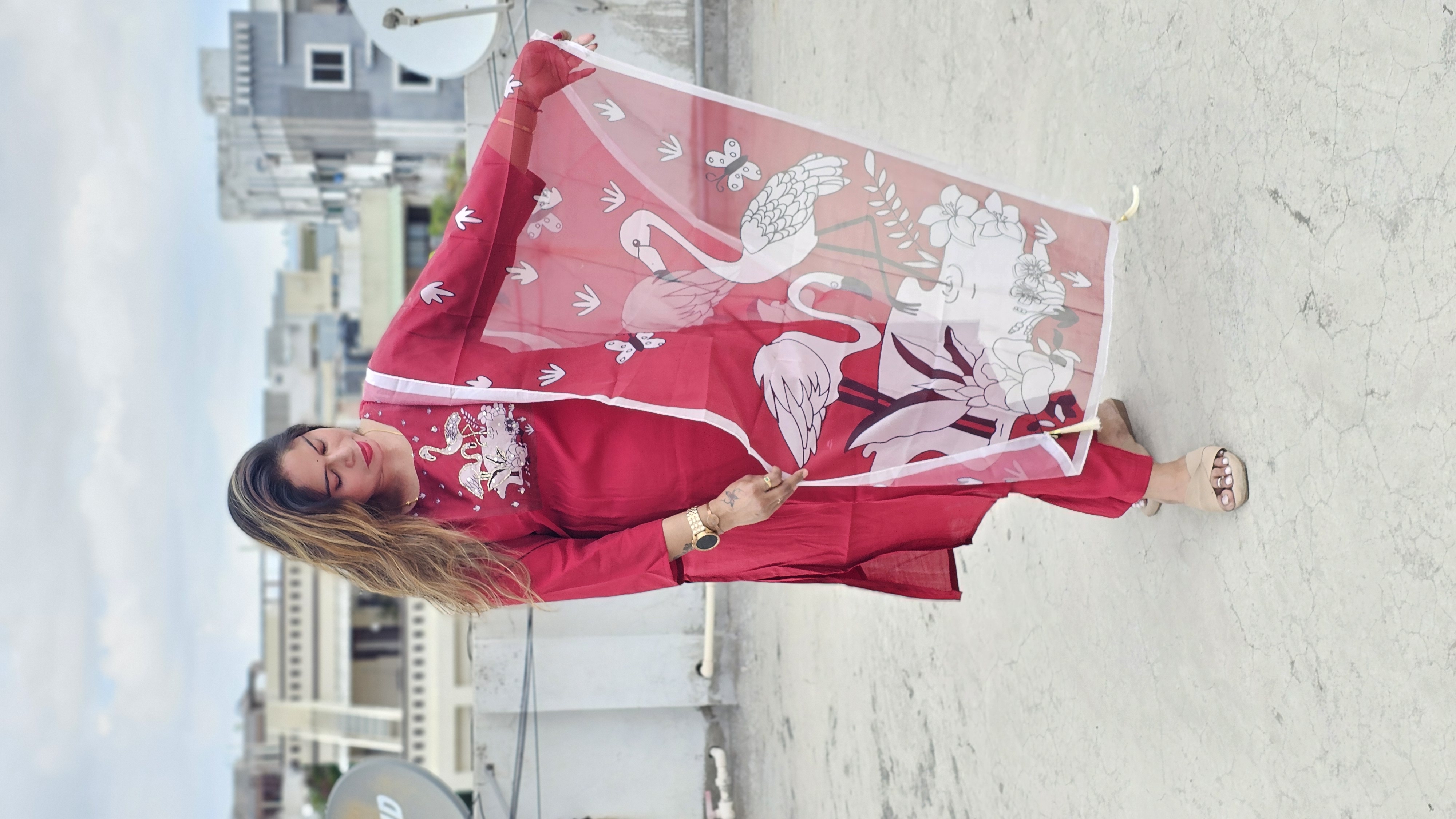 Red Flamingo Embroidered Kurta Set