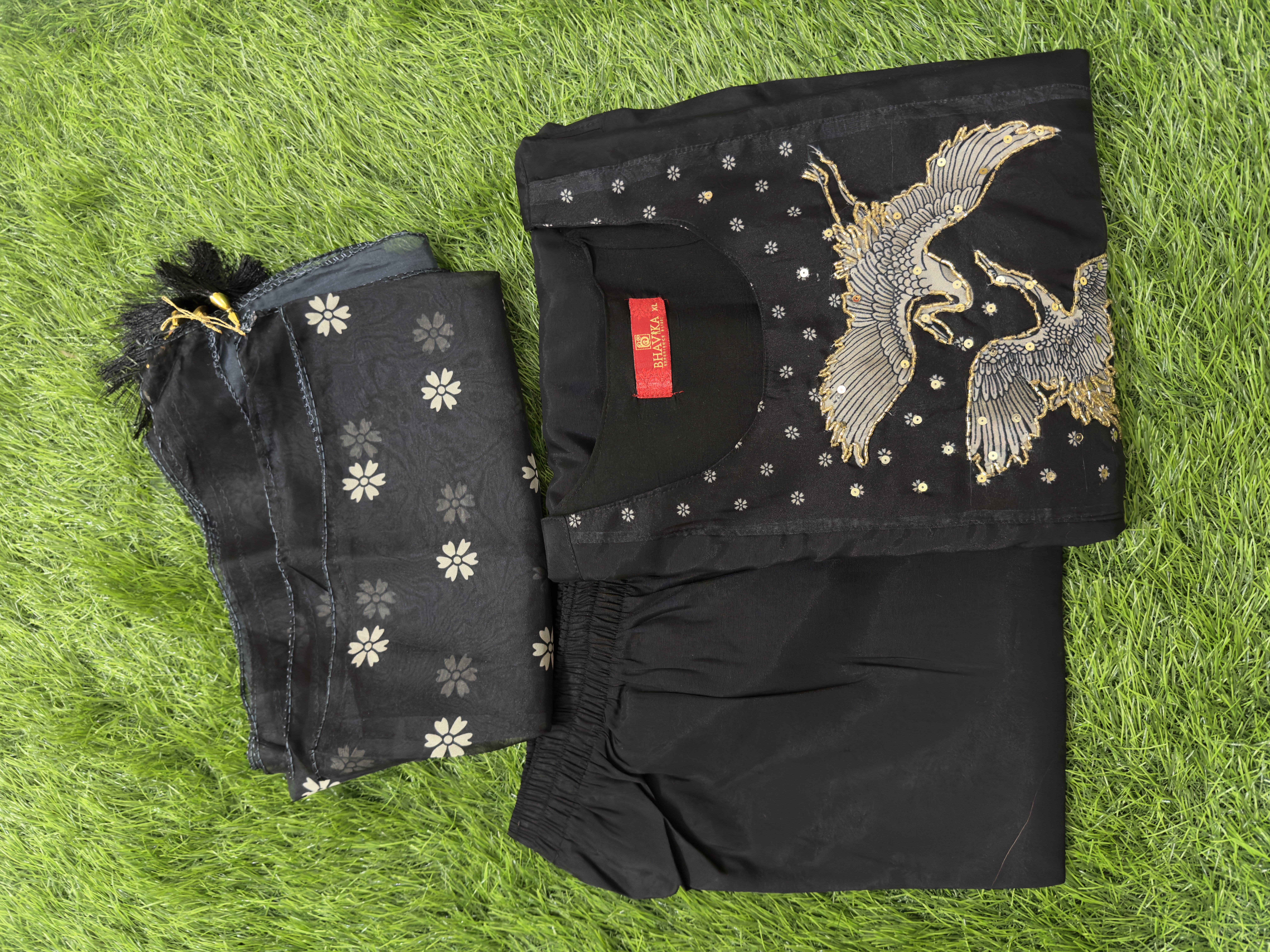 Elegant Black Crane Embroidered Kurta Set