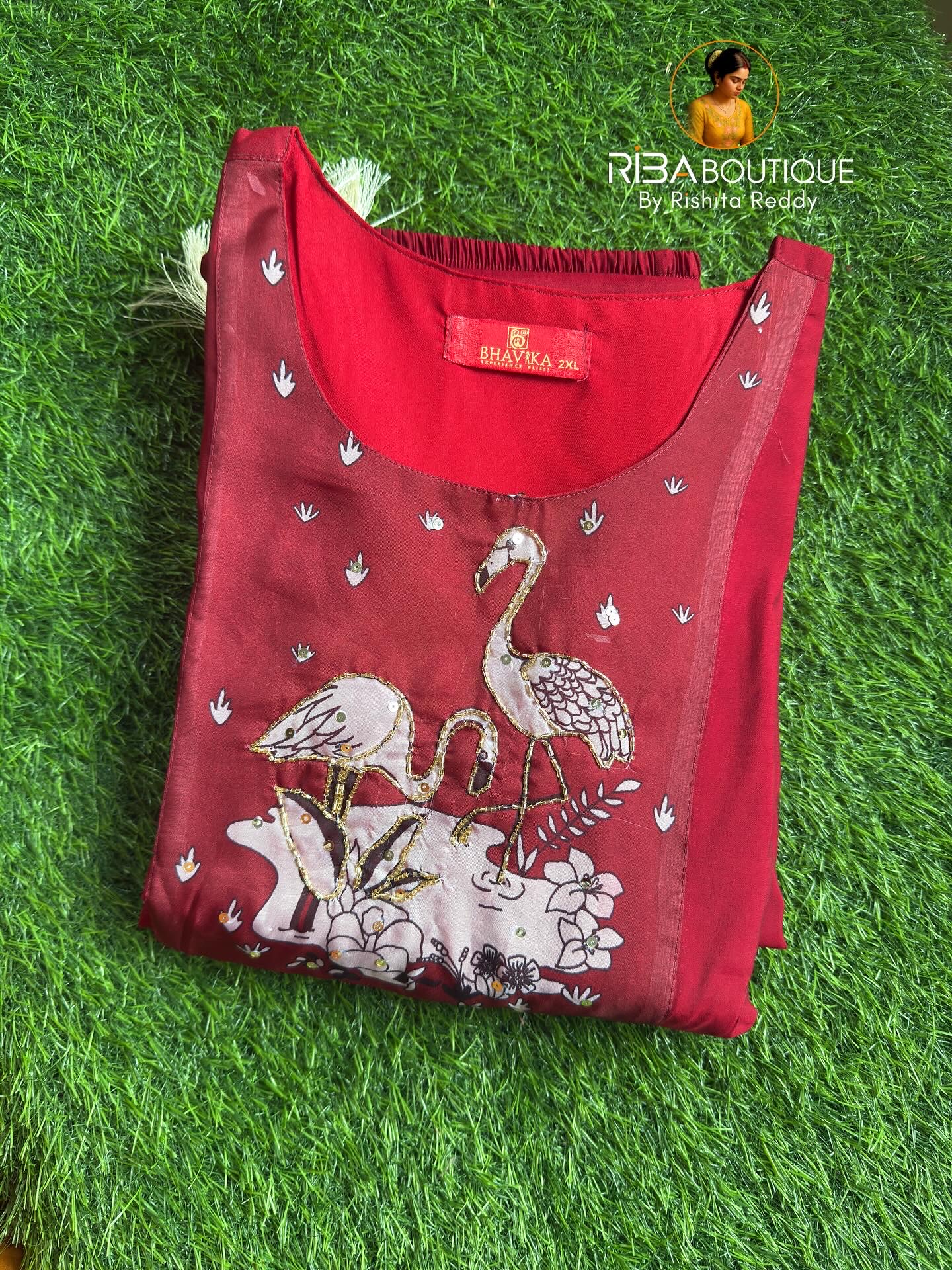 Red Flamingo Embroidered Kurta Set