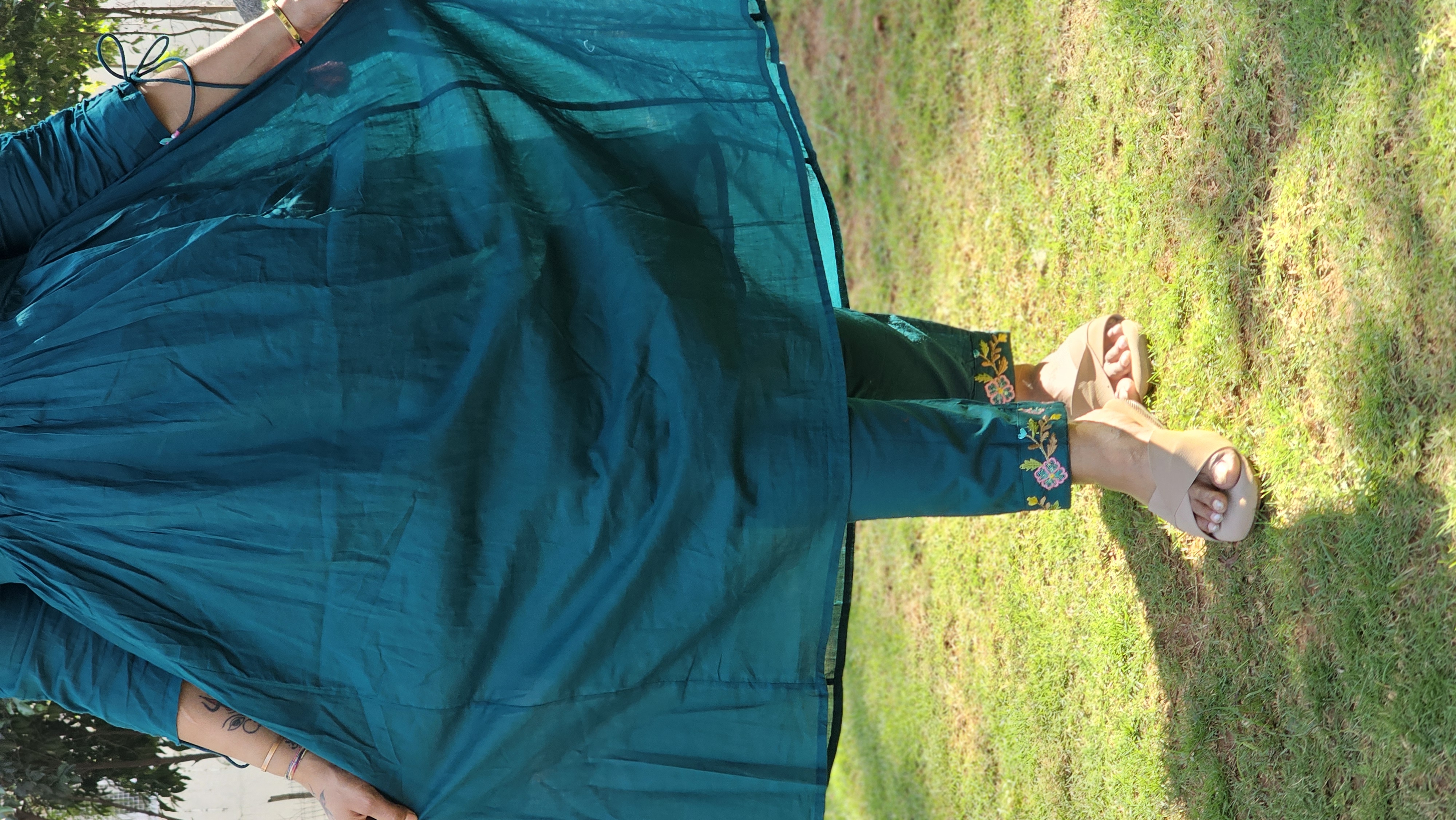 Embroidered Teal Mal Cotton Kurta Set