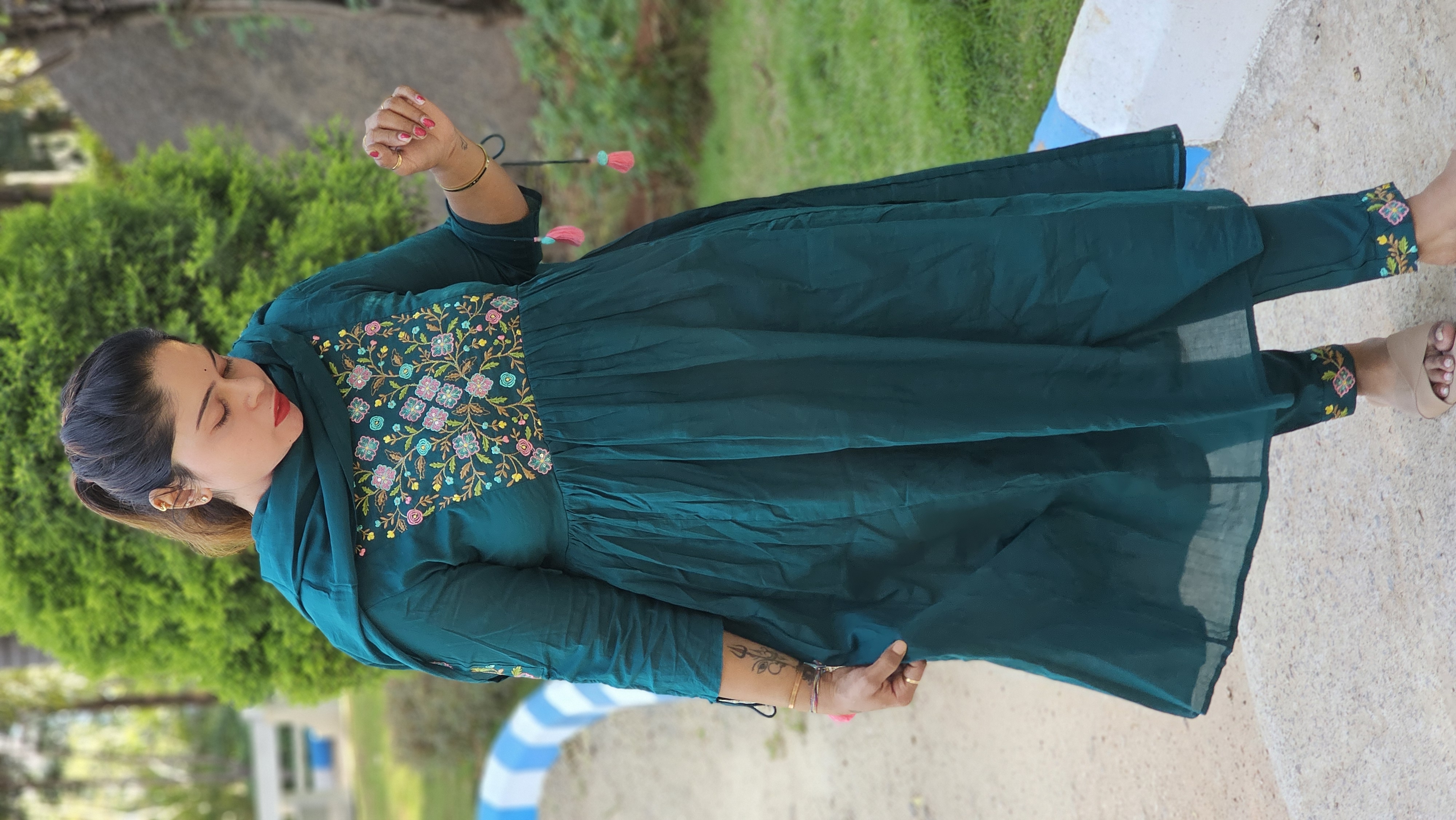 Embroidered Teal Mal Cotton Kurta Set
