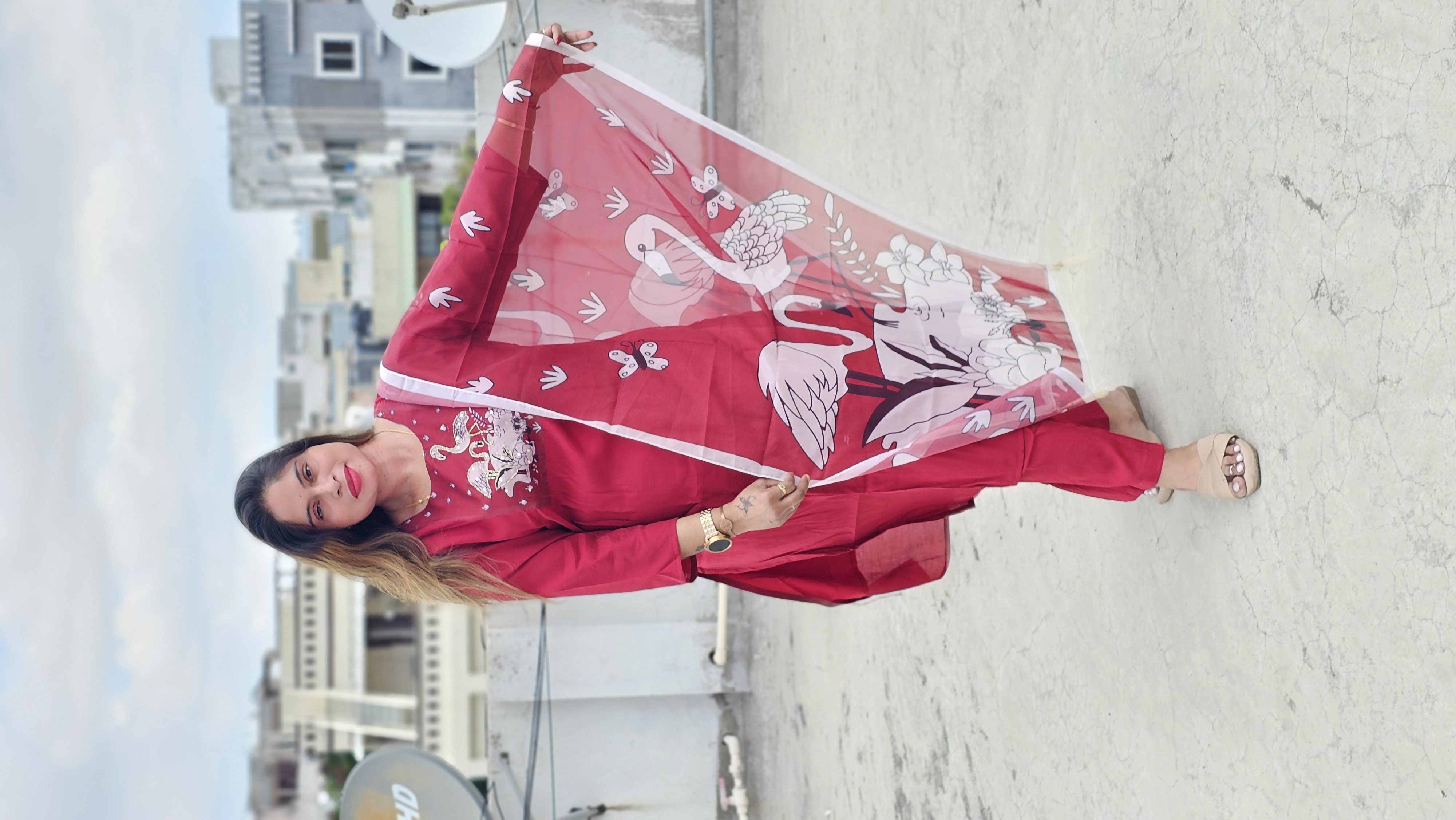 Red Flamingo Embroidered Kurta Set