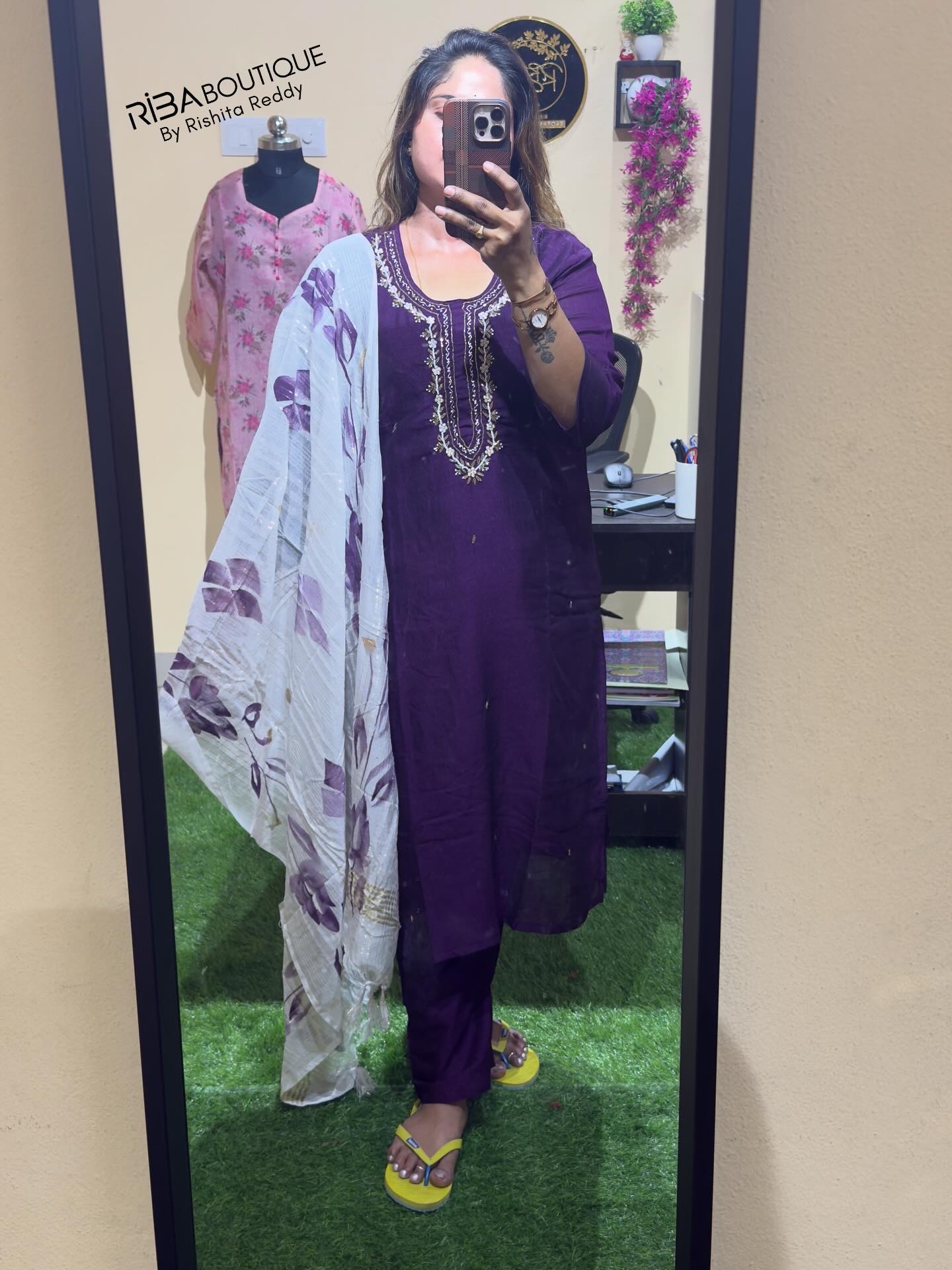 Purple Embroidered Kurti Set