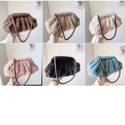 Fashion Faux Mink Fur Ruched Clutch Bag for Women Soft Plush Shoulder Bags Clip Shell Handbags Autumn and Winter Fluffy bag 2025