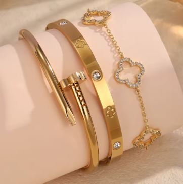 Yupsk 3Pcs Stainless Steel 18K Gold Plated Four-Leaf Flower Nails Stacked Bracelet Bangles Shiny Zircon Couple Jewelry Gift