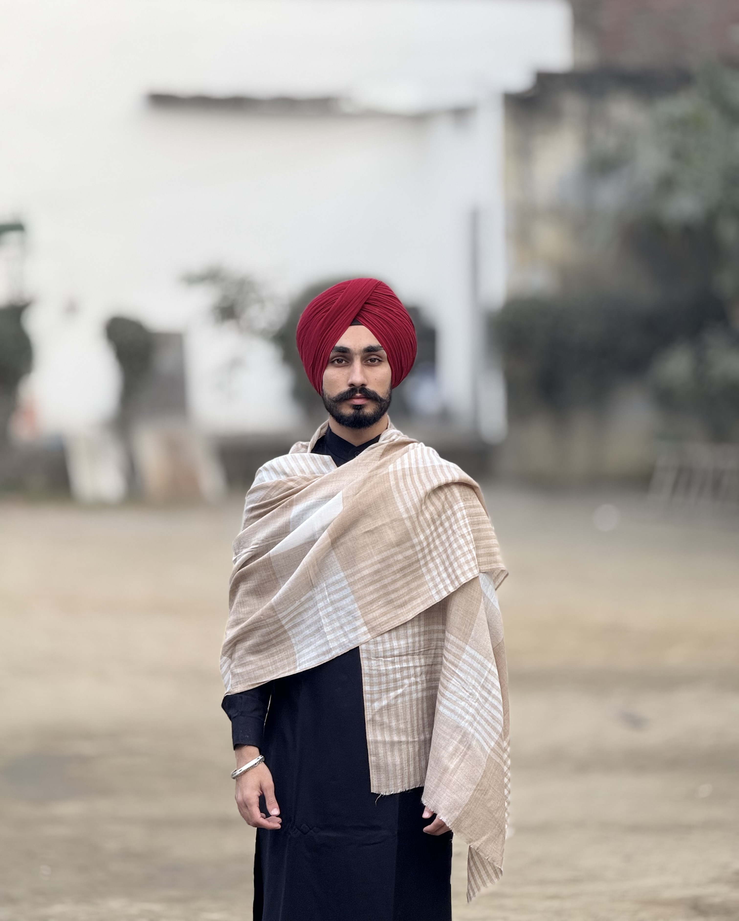 Elegant Beige Checkered Weave Unisex Stole