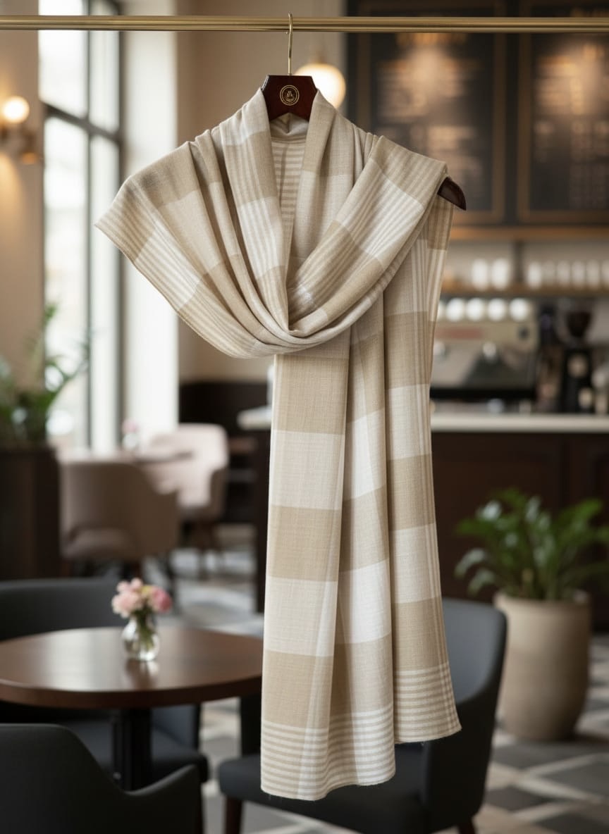 Elegant Beige Checkered Weave Unisex Stole