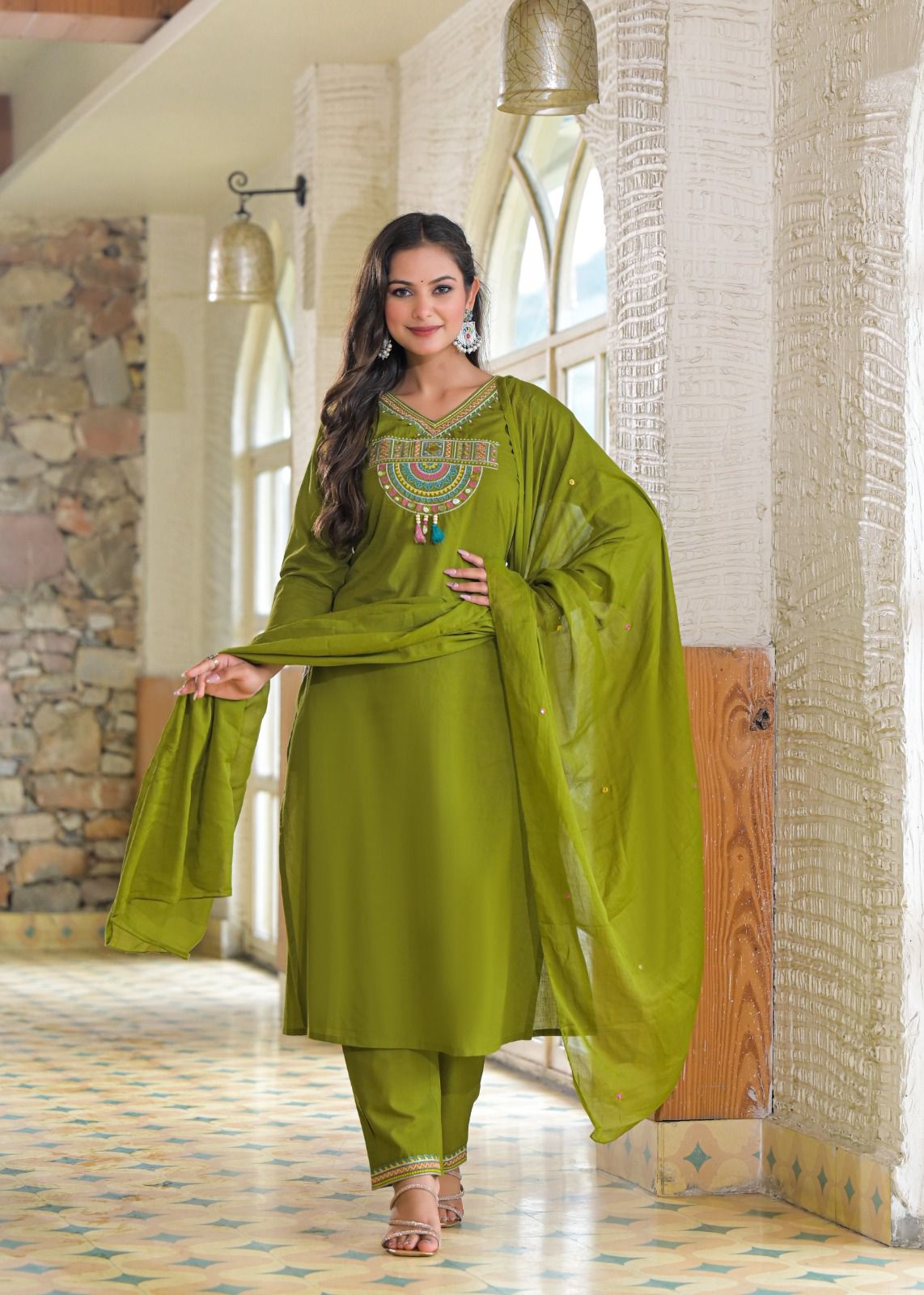 Embroidered Green Kurta Set
