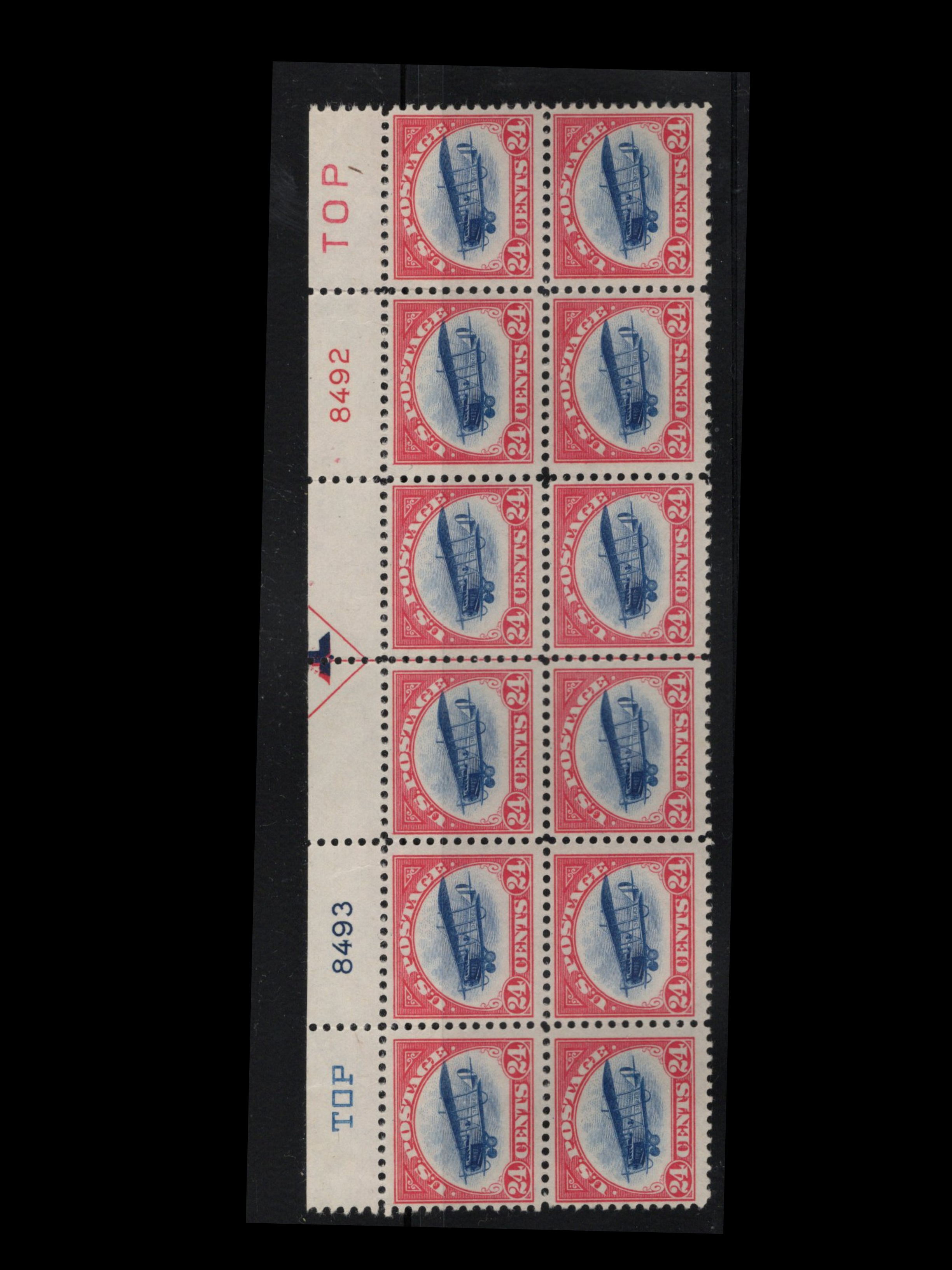 Scott #C3 - 1918 24¢ Jenny Airmail - RARE Mint Never Hinged Block of 12 w/ Arrow & Plate Nos.